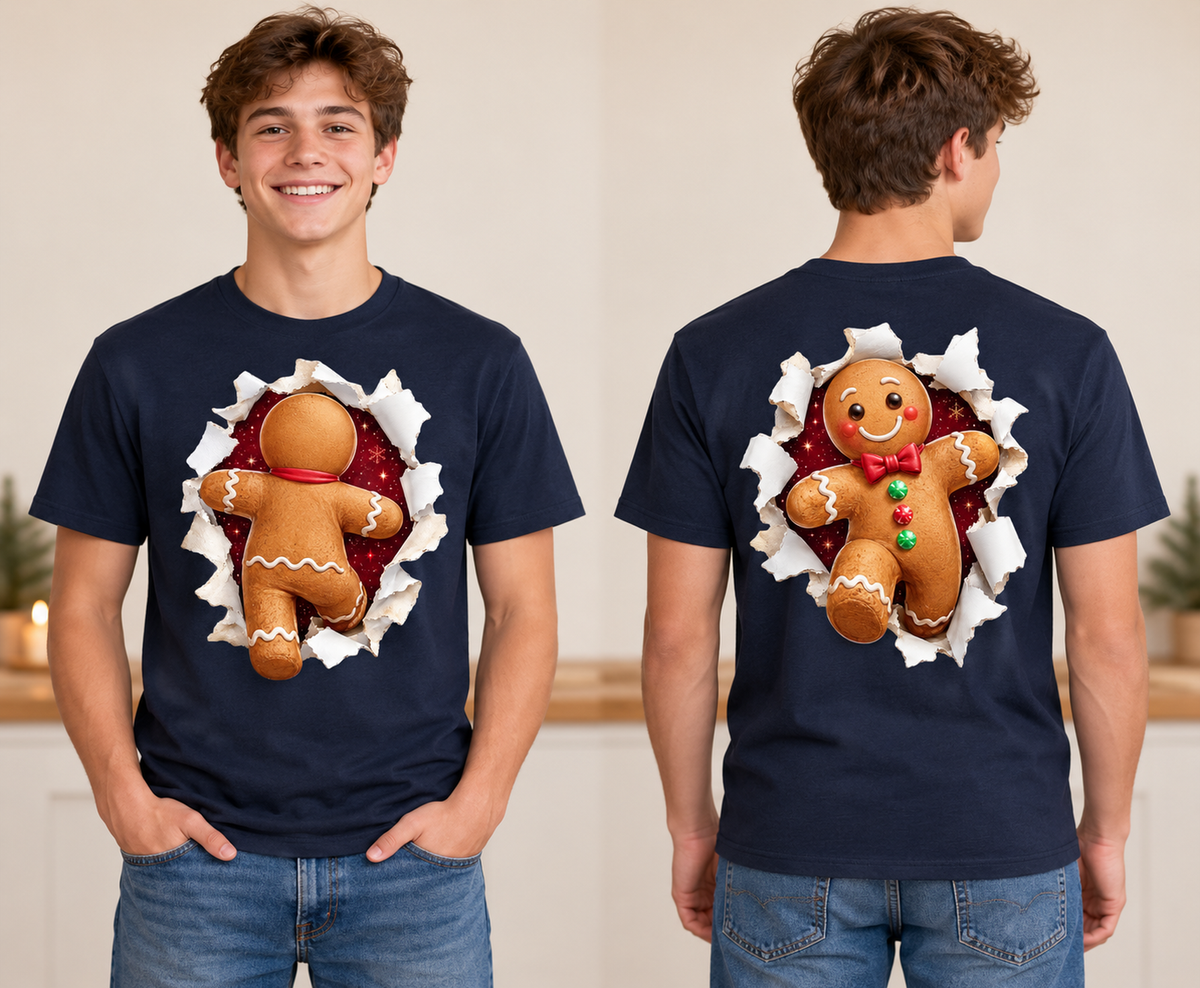 Gingerbread front and back DTF transfer designs shown on navy shirt mockups
