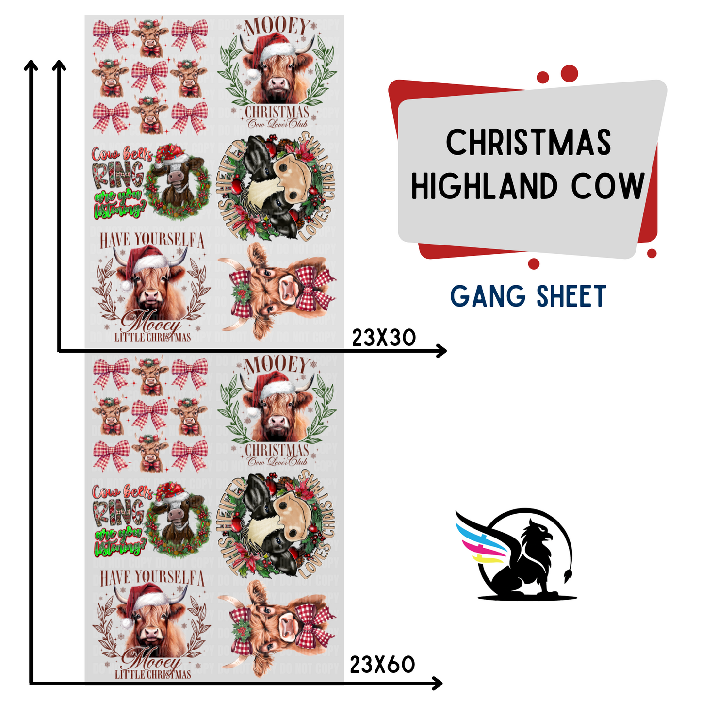 Premade DTF Transfer Gang Sheet For Graphic Tees | Christmas Highland Cow