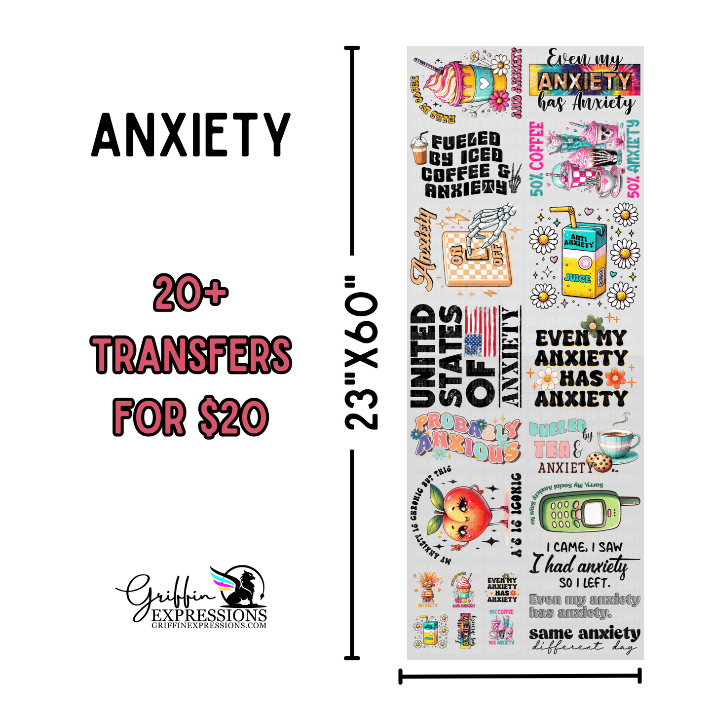 Anxiety | Dollar Deals DTF Transfer Gang Sheet For Graphic Tees - Griffin Expressions