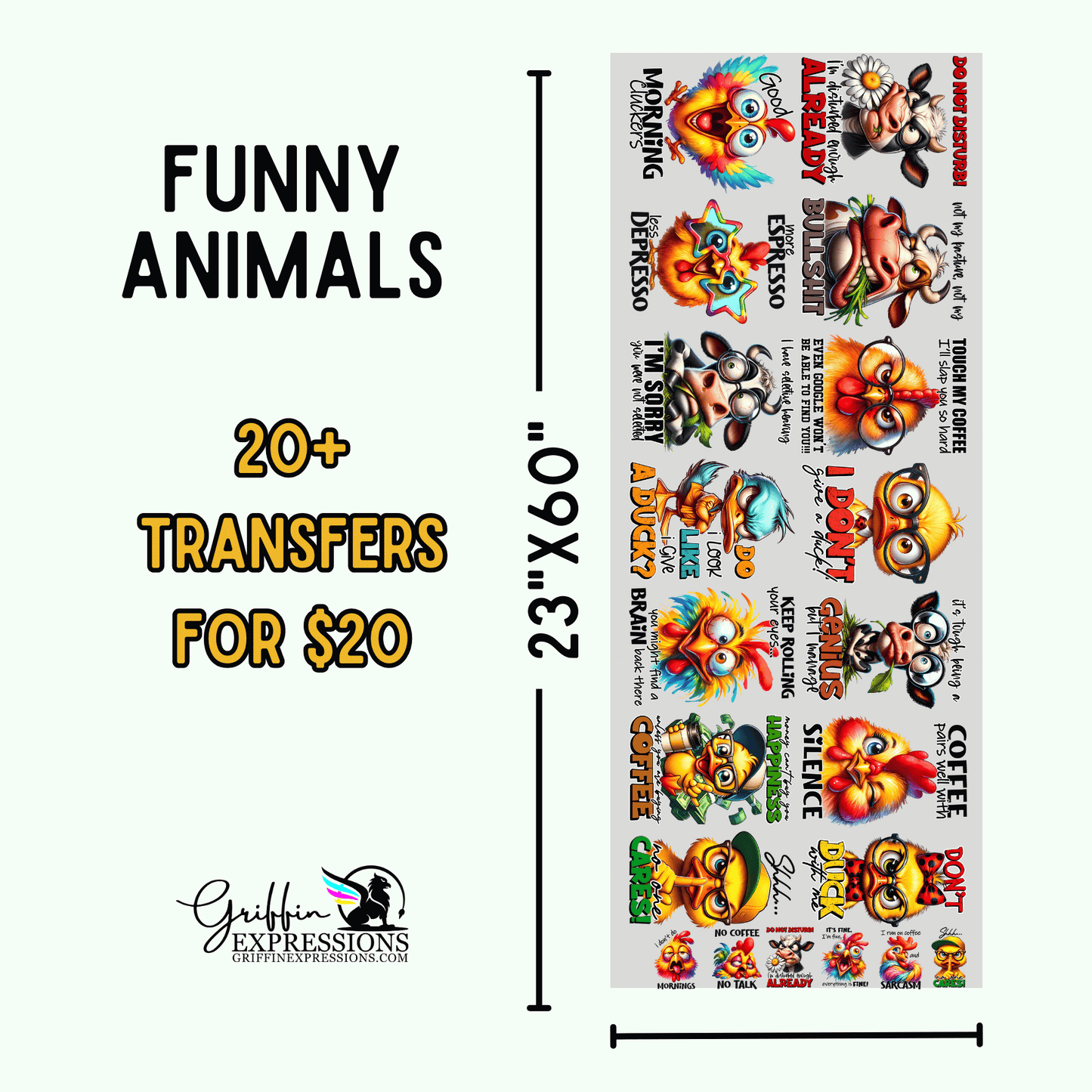 Funny Animals | Dollar Deals DTF Transfer Gang Sheet For Graphic Tees - Griffin Expressions