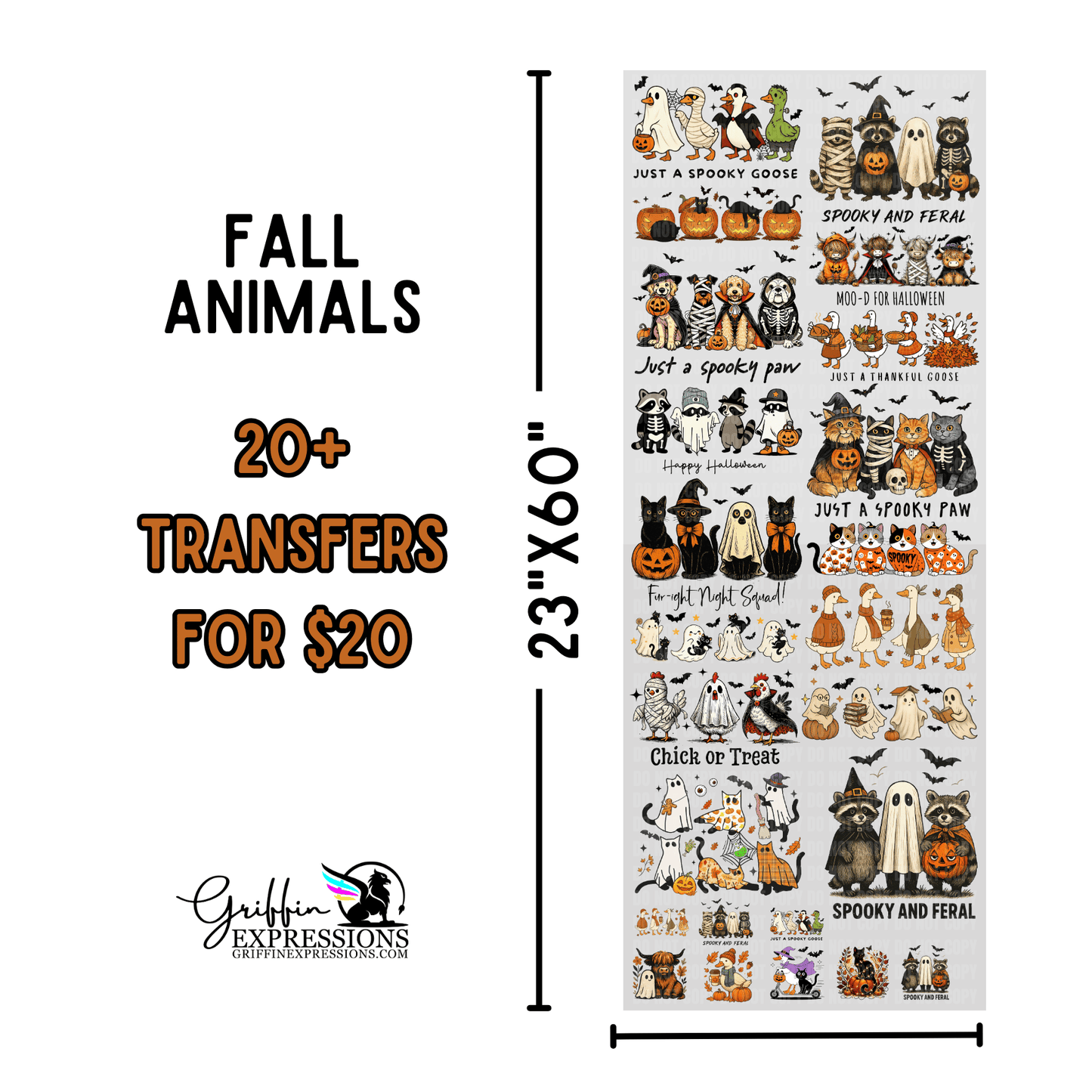 Sheet of fall-themed animal transfers with dimensions and pricing information.