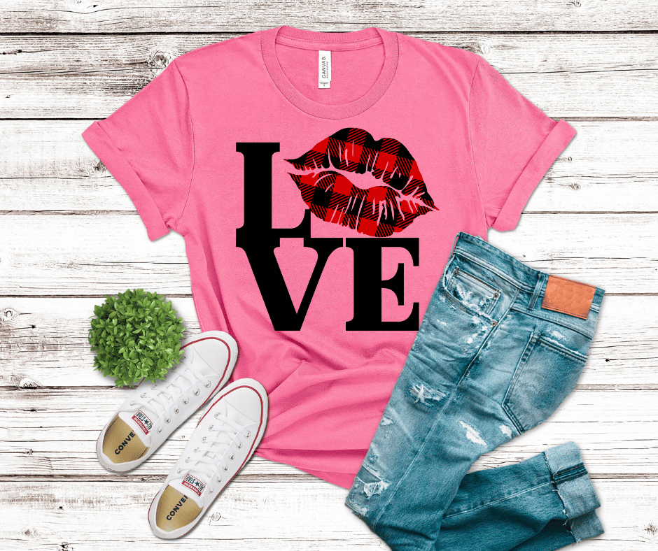 LOVE design with bold black letters and red buffalo plaid kiss lips printed on a Hot Peel DTF transfer.