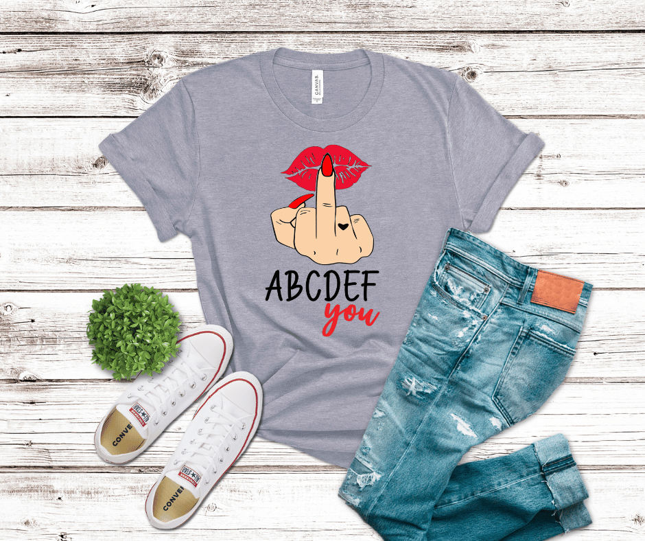 Hot Peel DTF transfer featuring red lips and a raised middle finger with the text “ABCDEF You” in black and red.
