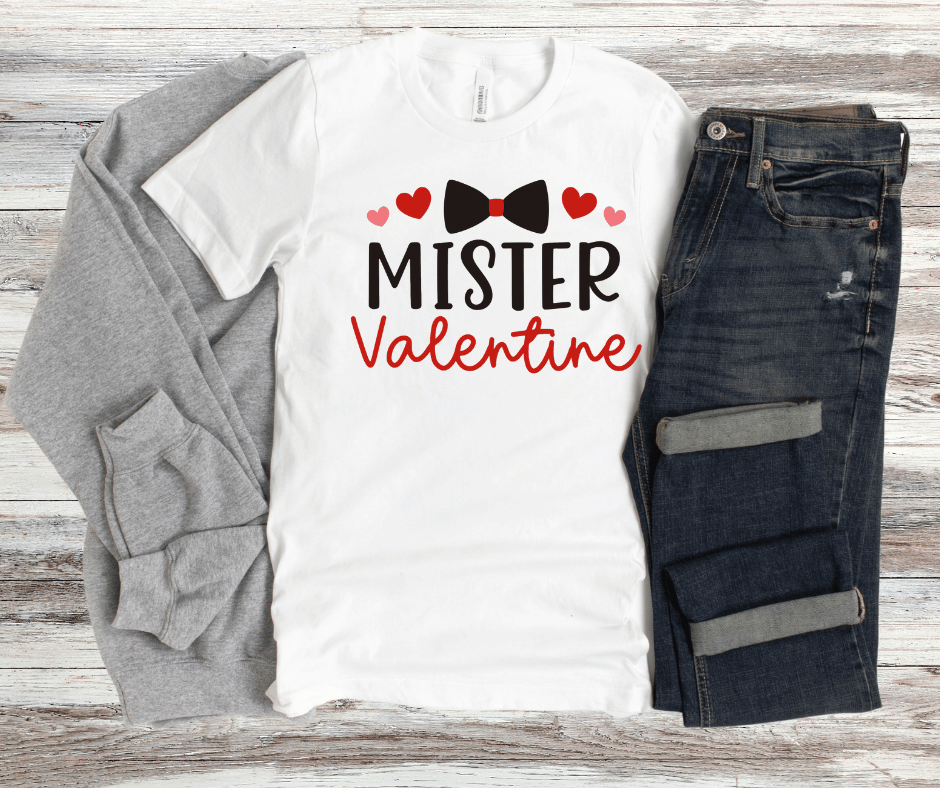Hot Peel DTF transfer reading “Mister Valentine” with bow tie and heart accents for boys’ Valentine shirts.