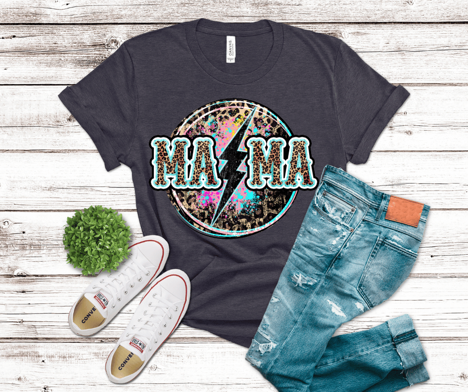 Hot Peel DTF transfer featuring retro leopard-print “MAMA” text with lightning bolt and distressed splatter circle background.