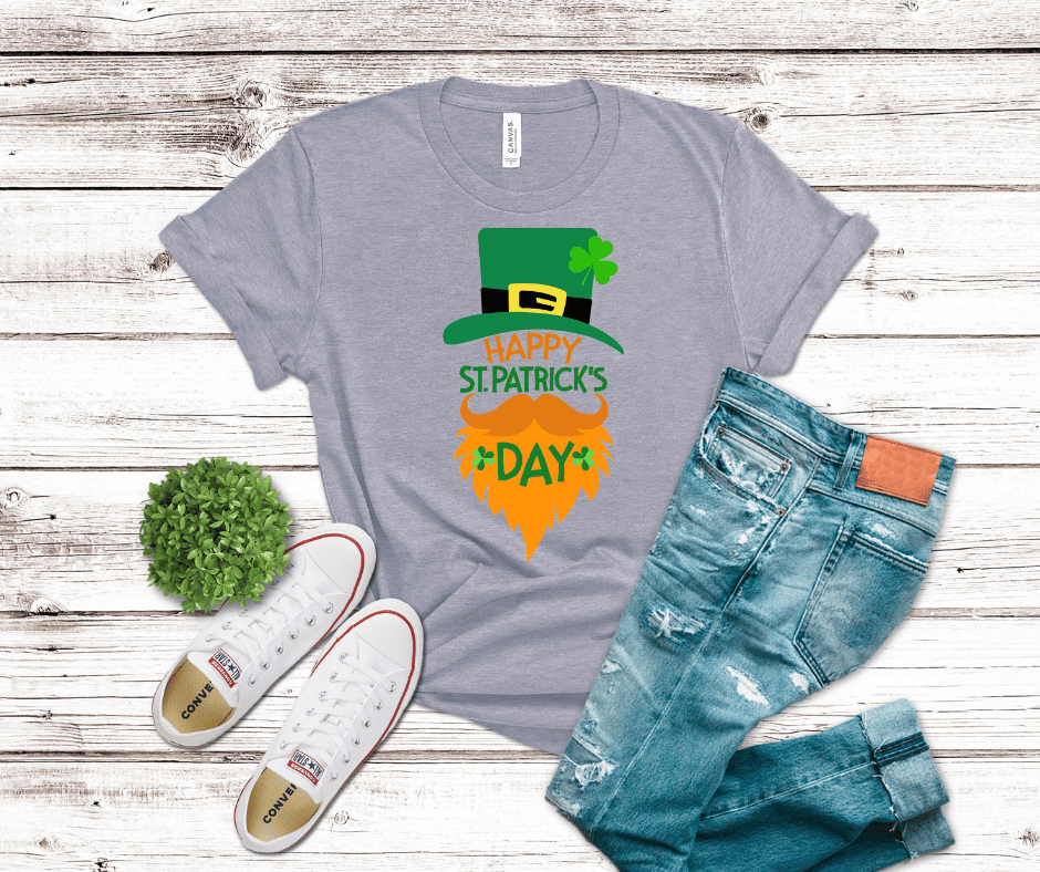 Happy St. Patrick’s Day shirt with green leprechaun hat, orange beard, and lucky clover graphics.