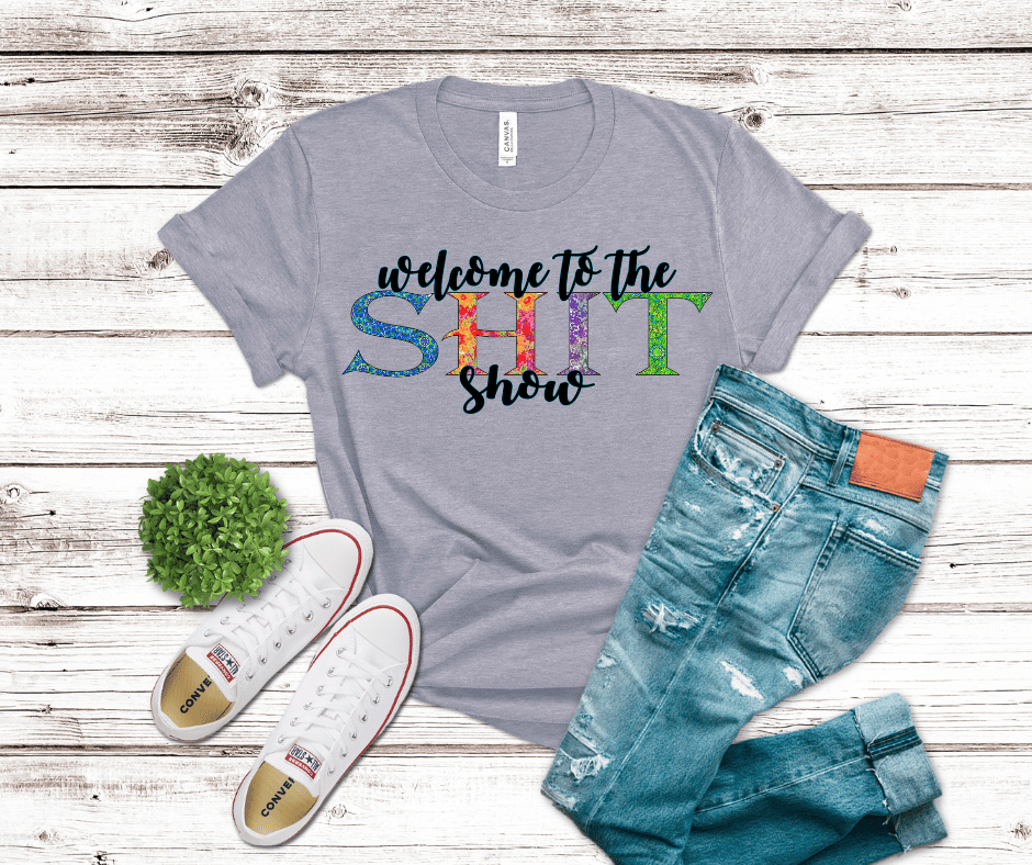 DTF transfer design reading “Welcome to the Sh*t Show” with rainbow-splatter block letters and black script text on a gray background, bold and humorous style.