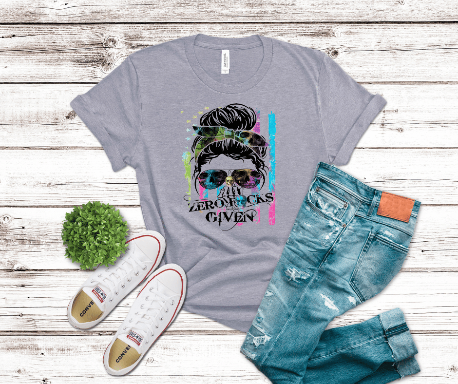 Neon grunge messy bun skull with skull sunglasses and “Zero F*cks Given” text — DTF transfer graphic.