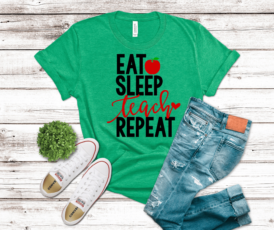 “Eat Sleep Teach Repeat” teacher design with red apple and script lettering — DTF transfer graphic.