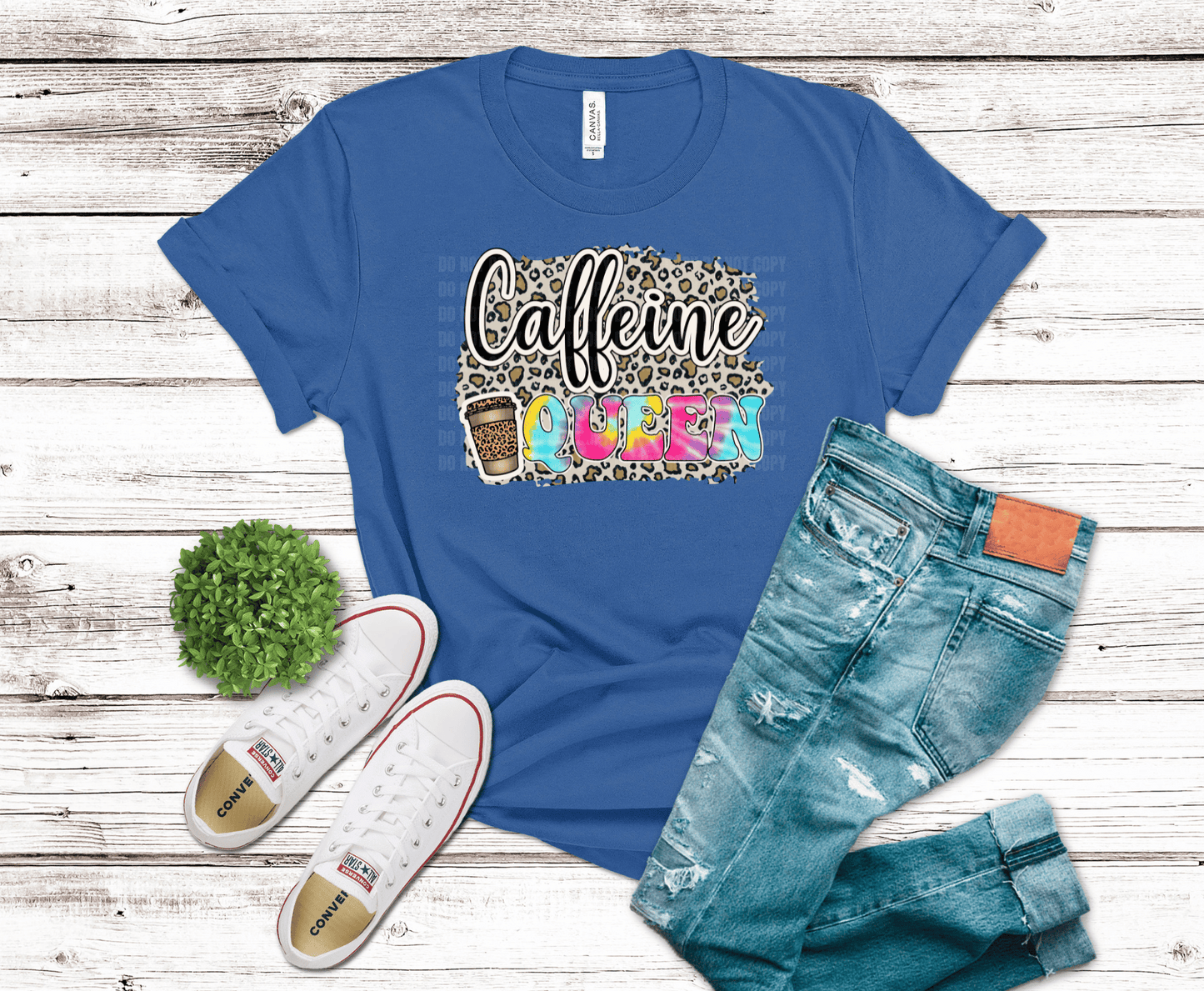 Caffeine Queen text with leopard print and colorful lettering.