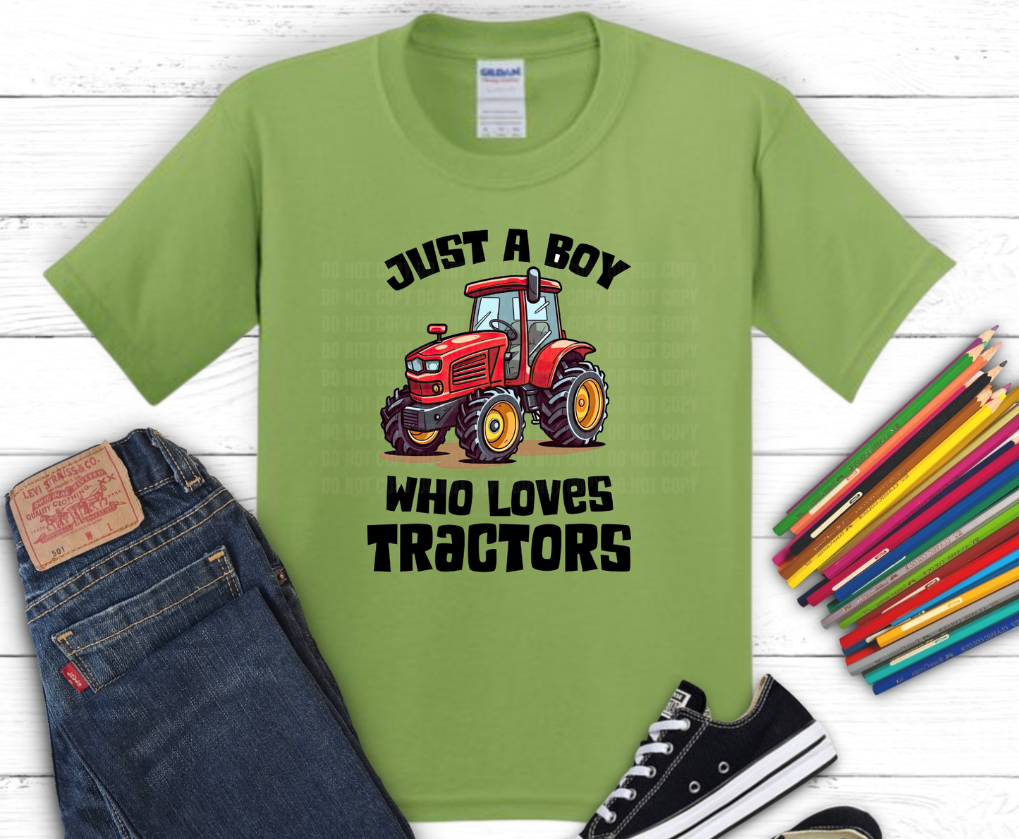 Just A Boy Who Loves Tractors DTF transfer on green shirt mockup, ready to press heat transfer for kids shirts