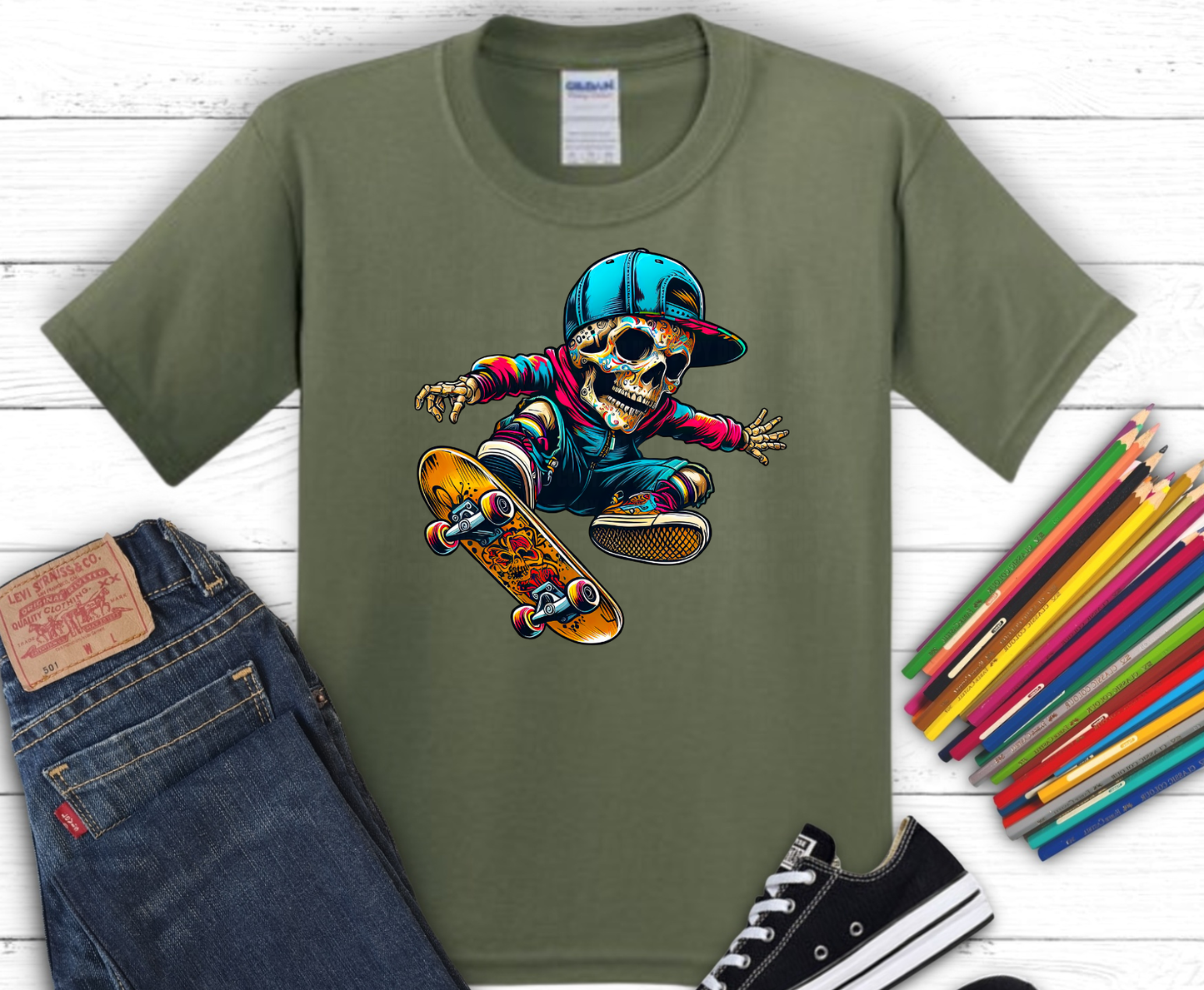 Colorful Skull Skater DTF transfer on green shirt mockup, ready to press heat transfer for kids shirts