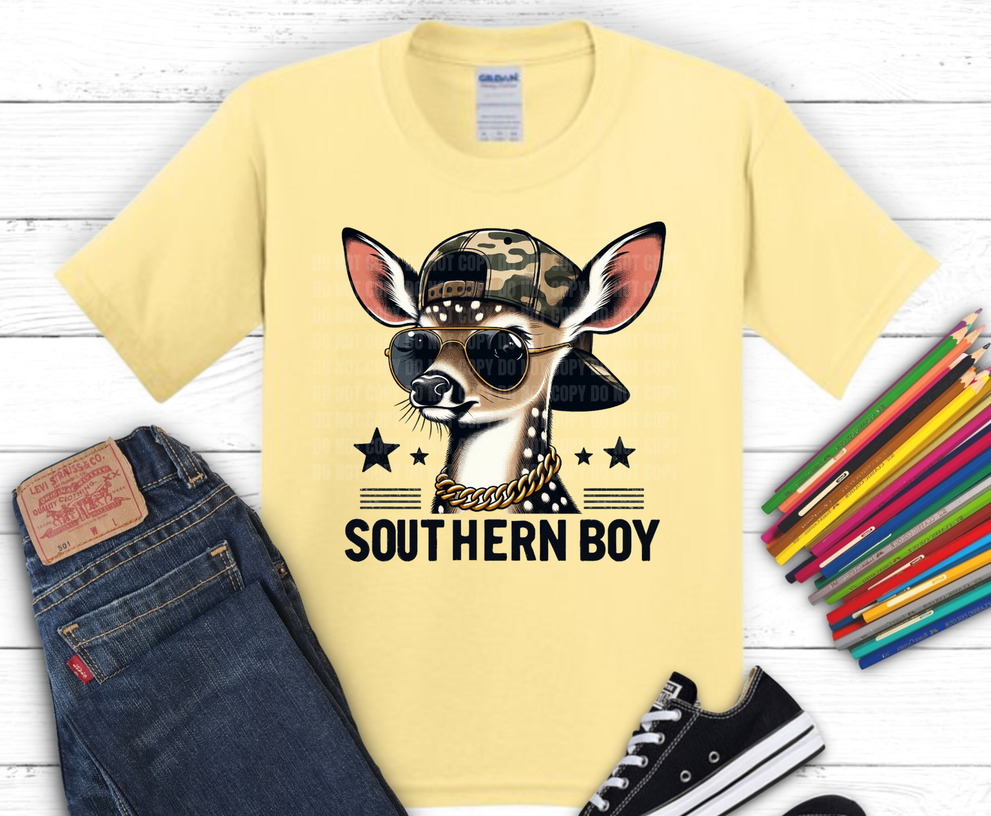 Southern Boy with dog DTF transfer on yellow shirt mockup, ready to press heat transfer for kids shirts