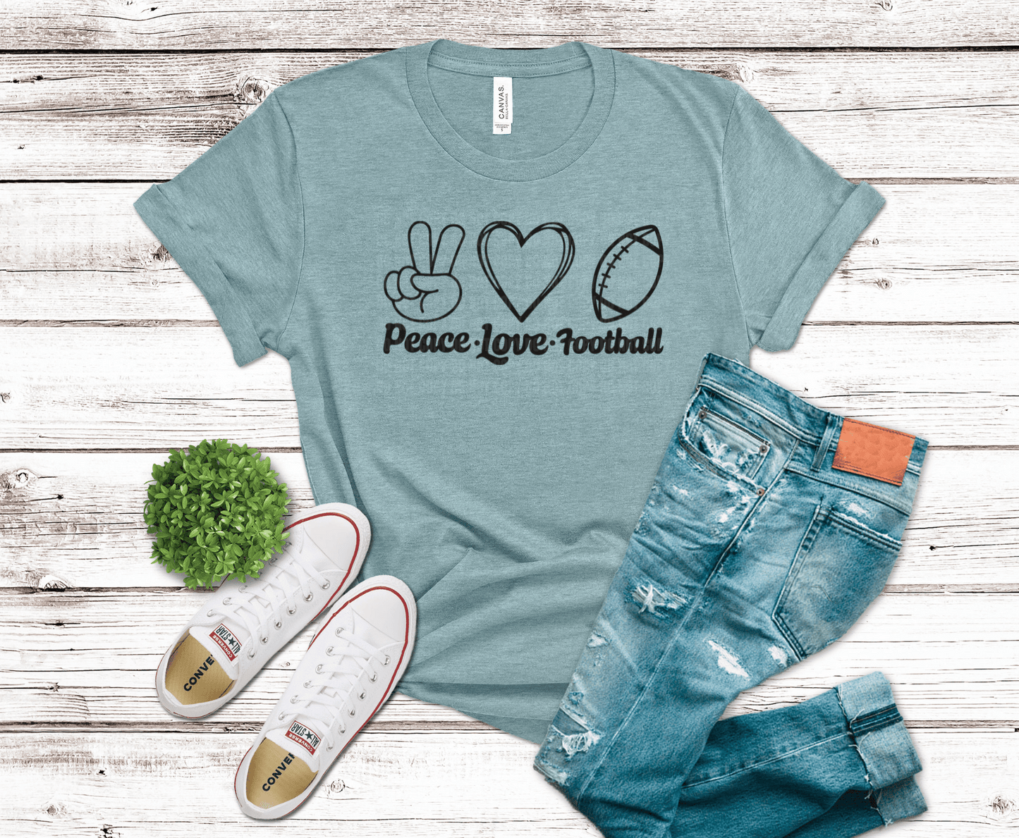 Peace Love Football with peace sign heart and football DTF transfer, ready to press heat transfer for football shirts