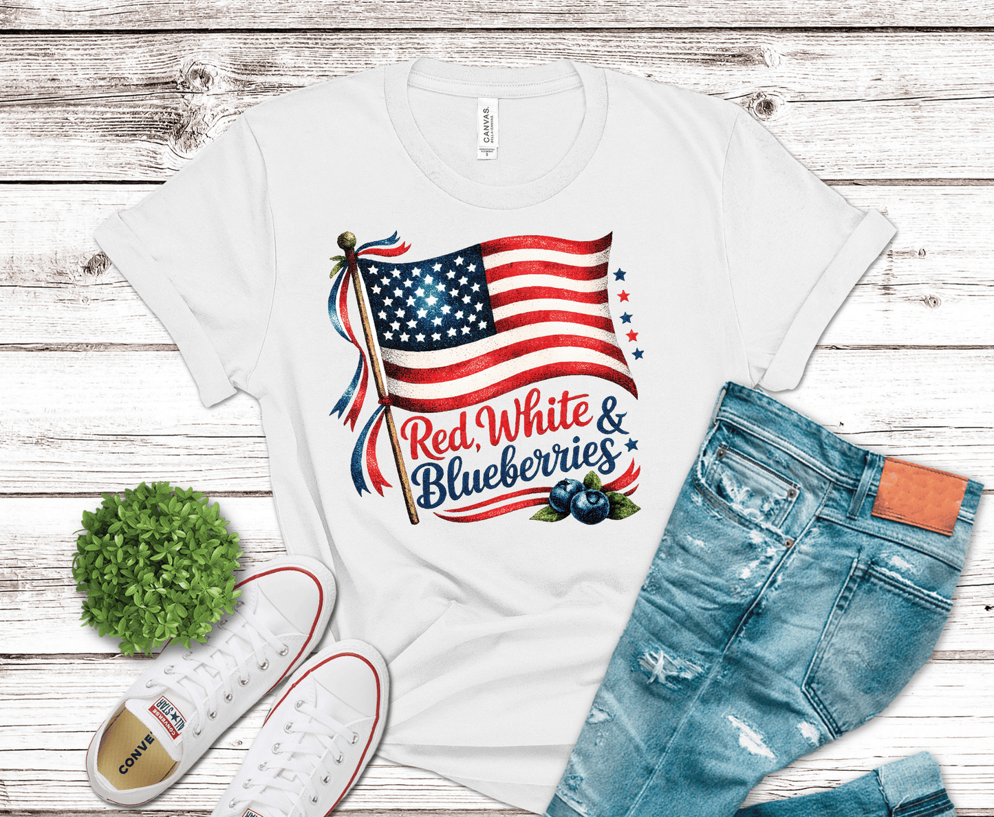 Red, White, Blueberries Flag and Ribbon | DTF Heat Transfer