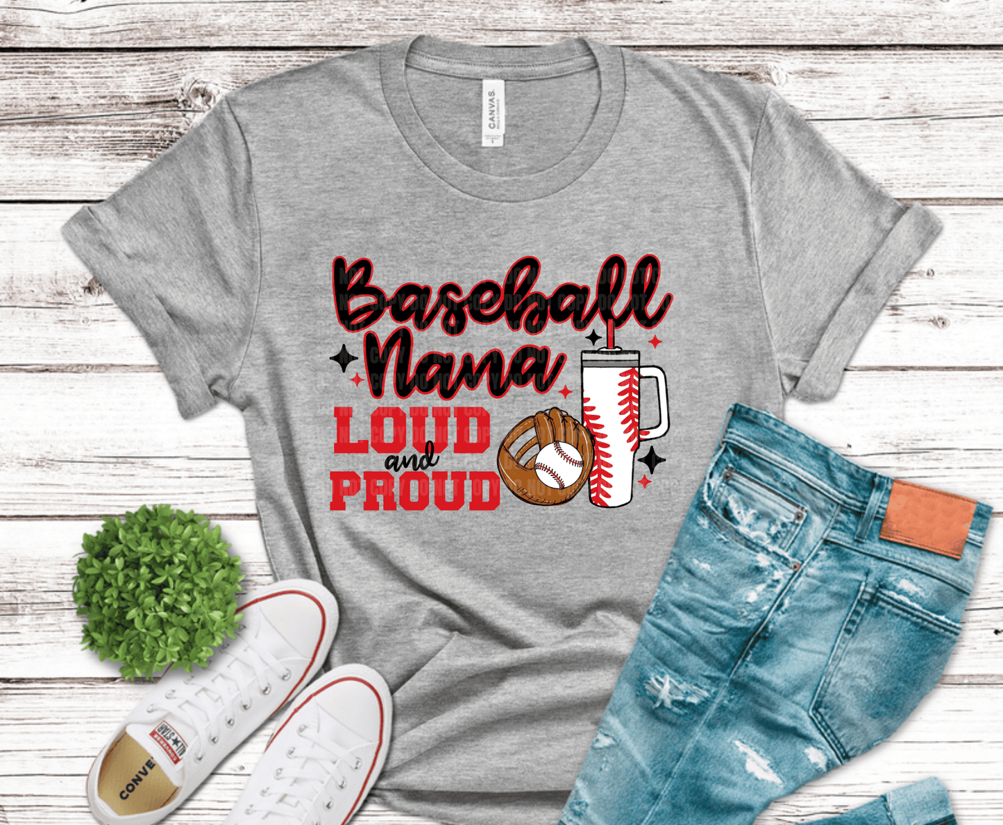 DTF transfer with “Baseball Mama Loud Proud” text, baseball glove, baseball, and tumbler graphic in red and white.