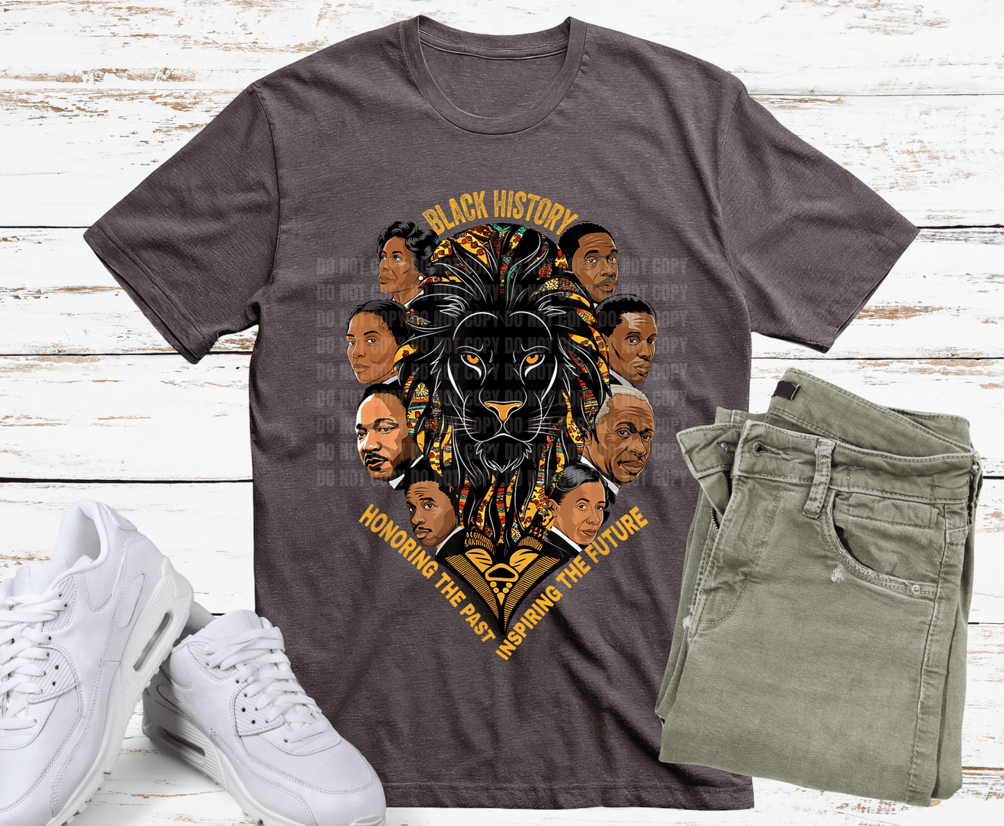 Black History DTF transfer featuring a lion with African patterns and influential Black historical figures honoring the past and inspiring the future.