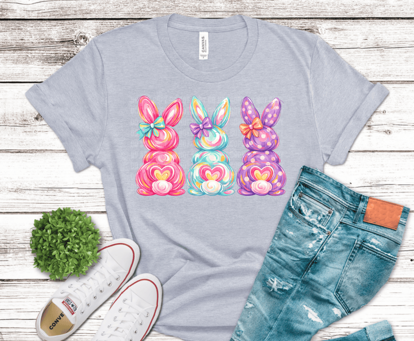 Colorful pastel Easter bunny trio with bows and heart details coquette style DTF transfer design.