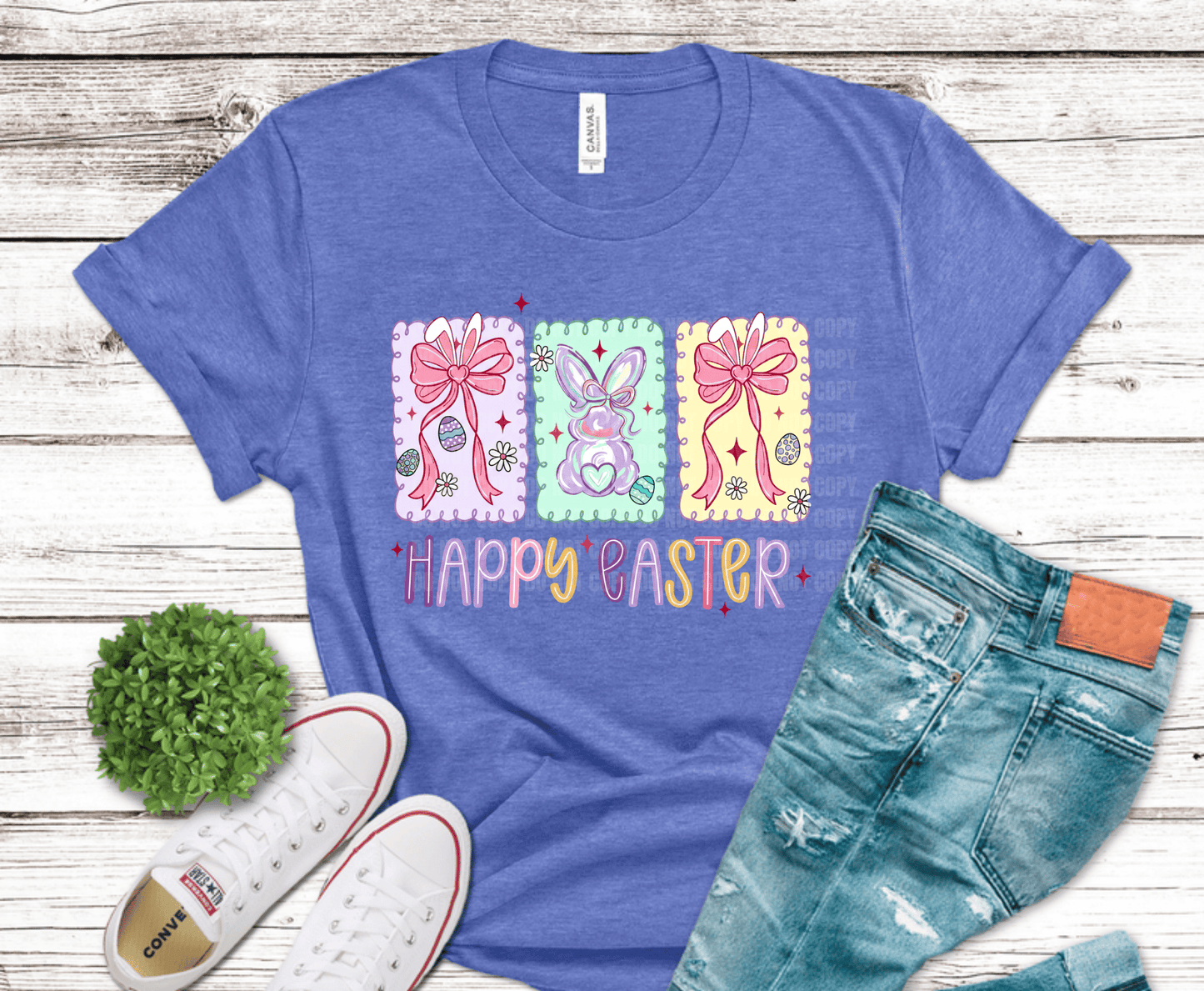 Happy Easter pastel bunny bow trio design with coquette ribbons and Easter eggs in lavender, mint, and yellow spring colors for trendy boutique shirt printing