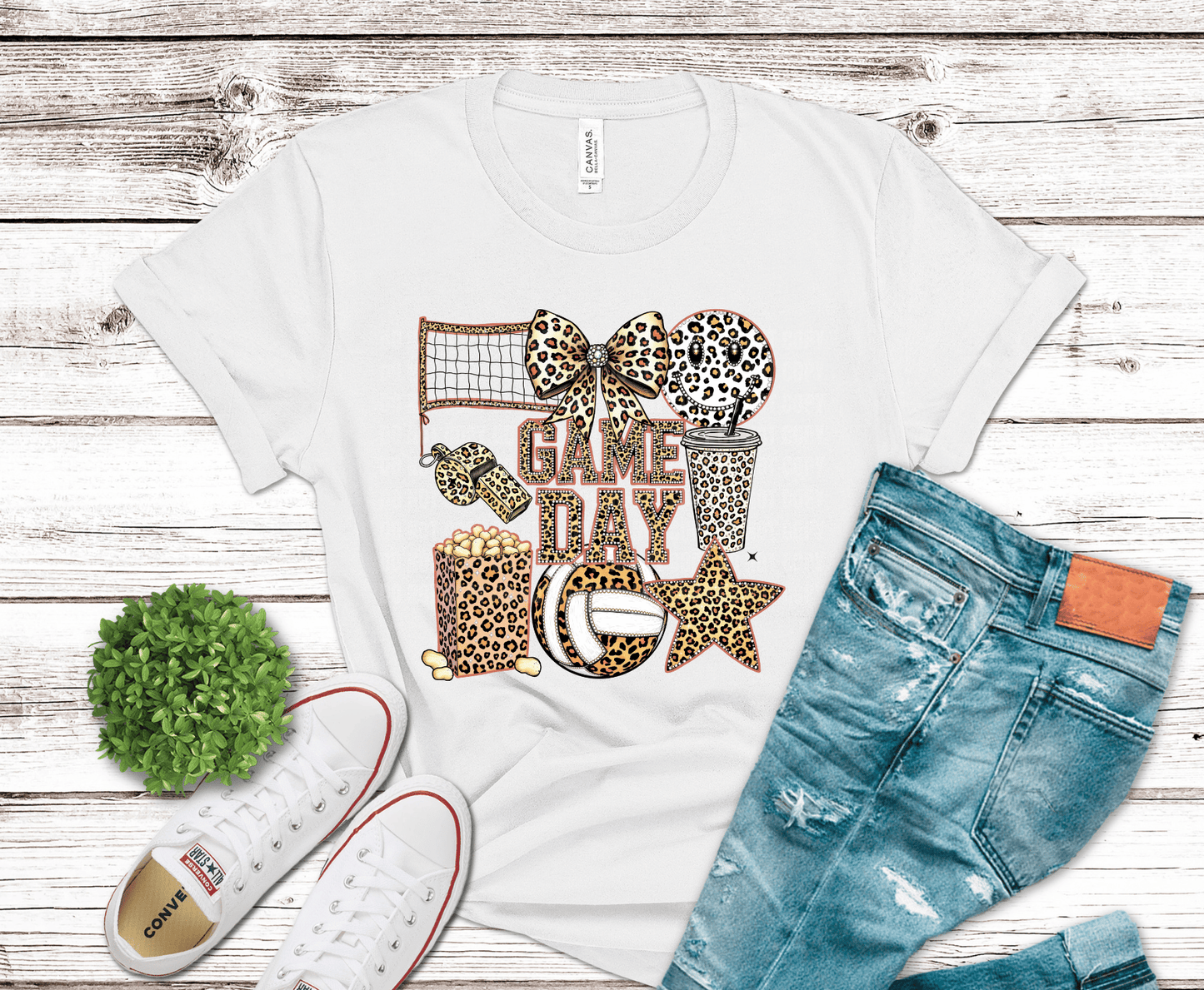 Leopard print Game Day design with volleyball and sporty bow accents