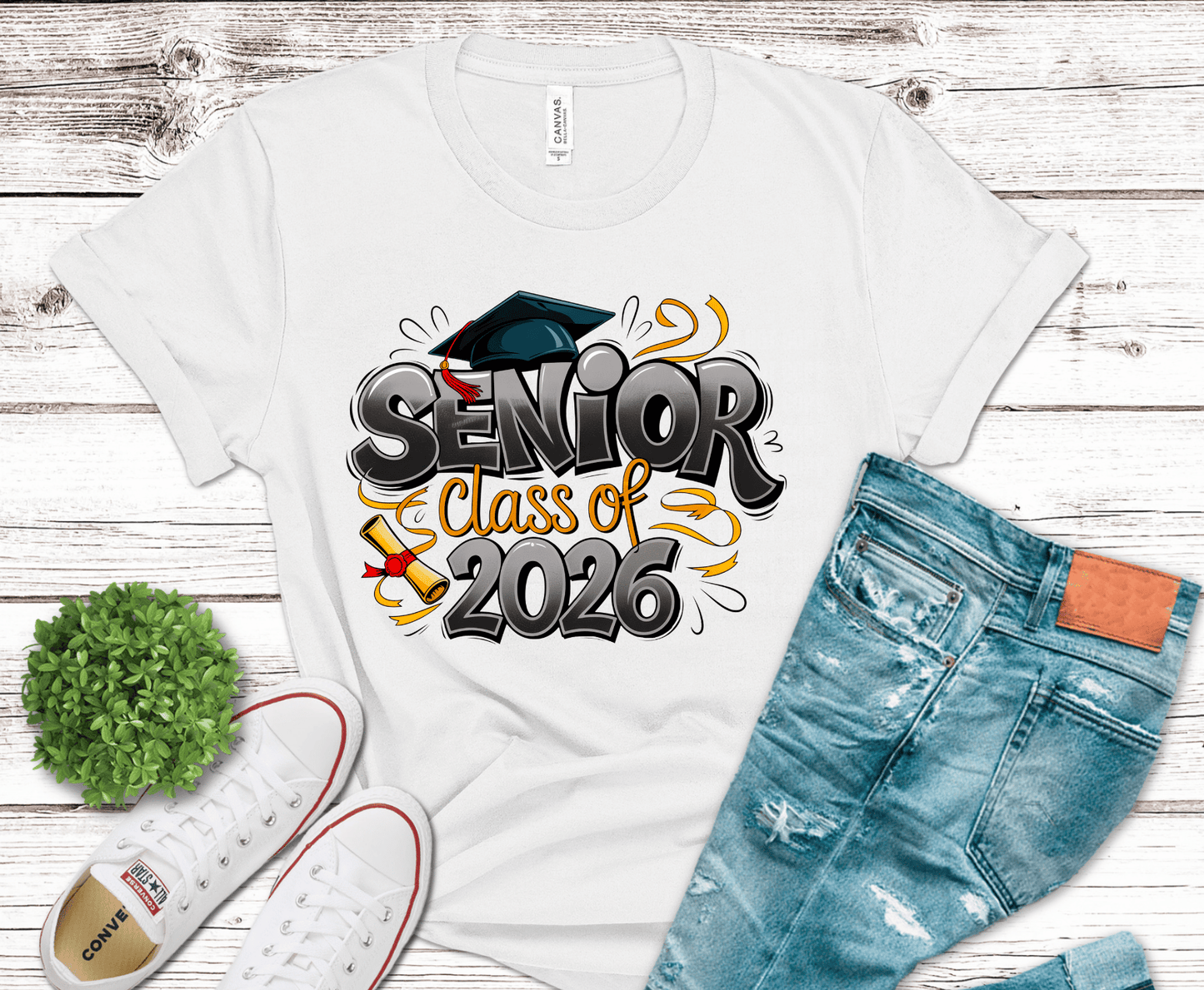 Senior Class of 2026 typography with graduation cap and diploma