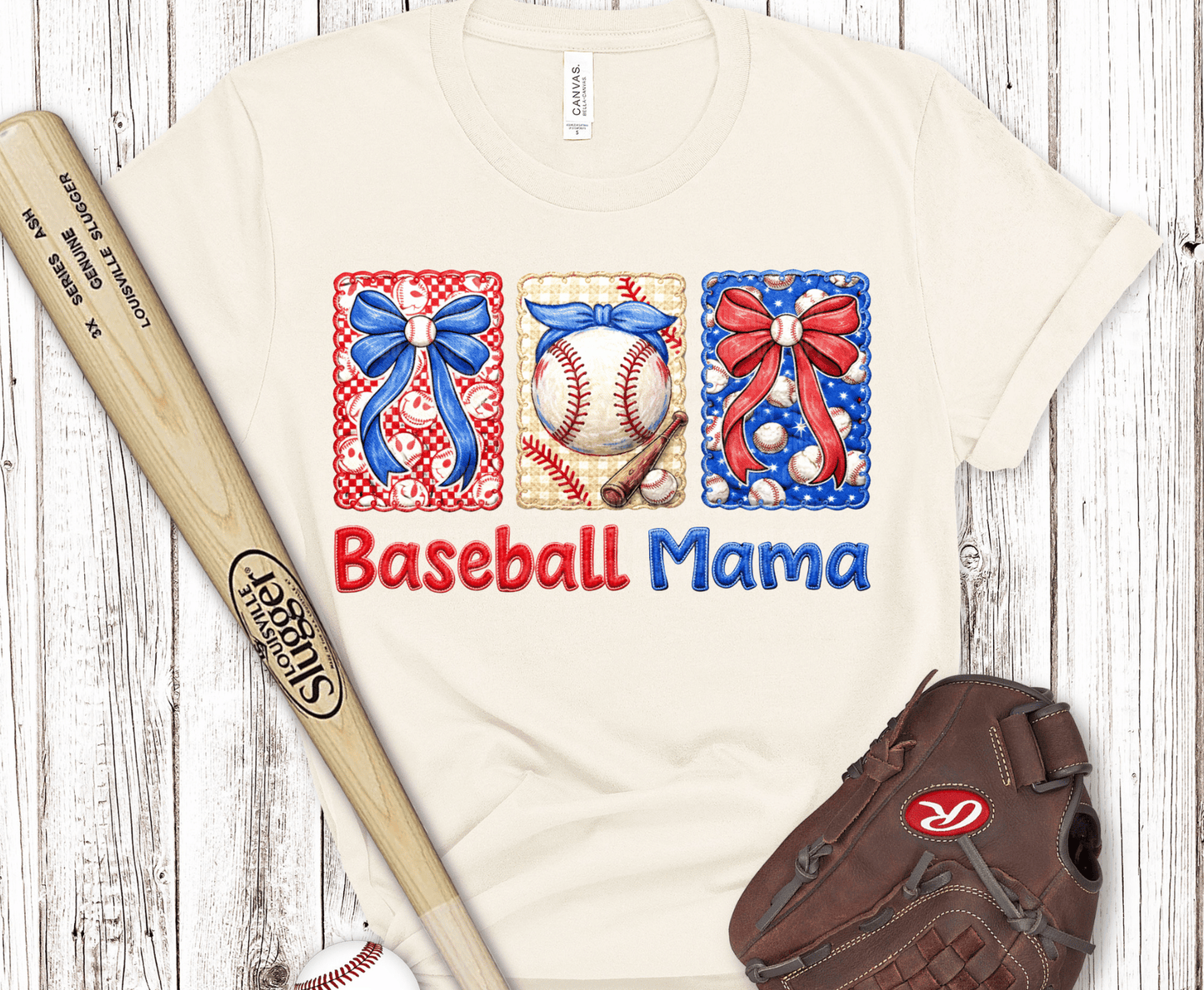 Patriotic baseball panels with bows and Baseball Mama text