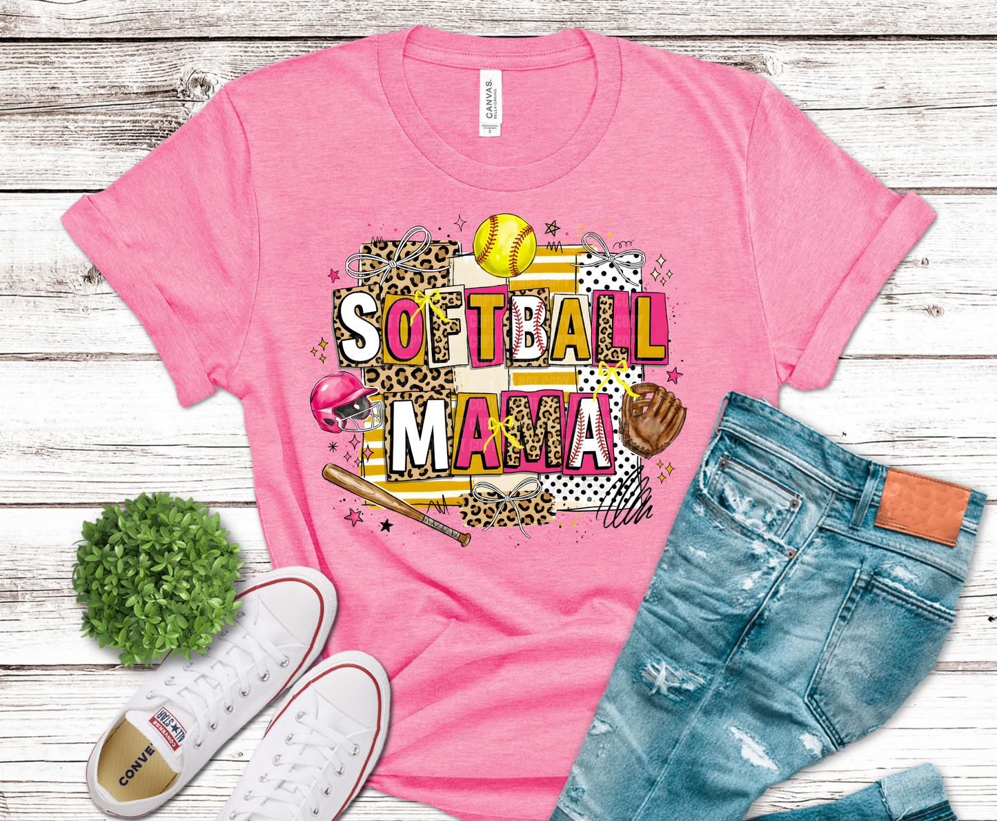 Softball Mama lettering with softball gear and leopard print accents.