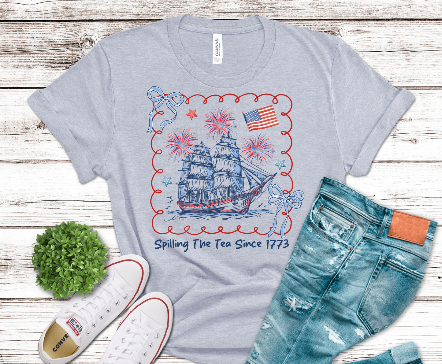 Patriotic sailing ship with fireworks and text Spilling The Tea Since 1773.