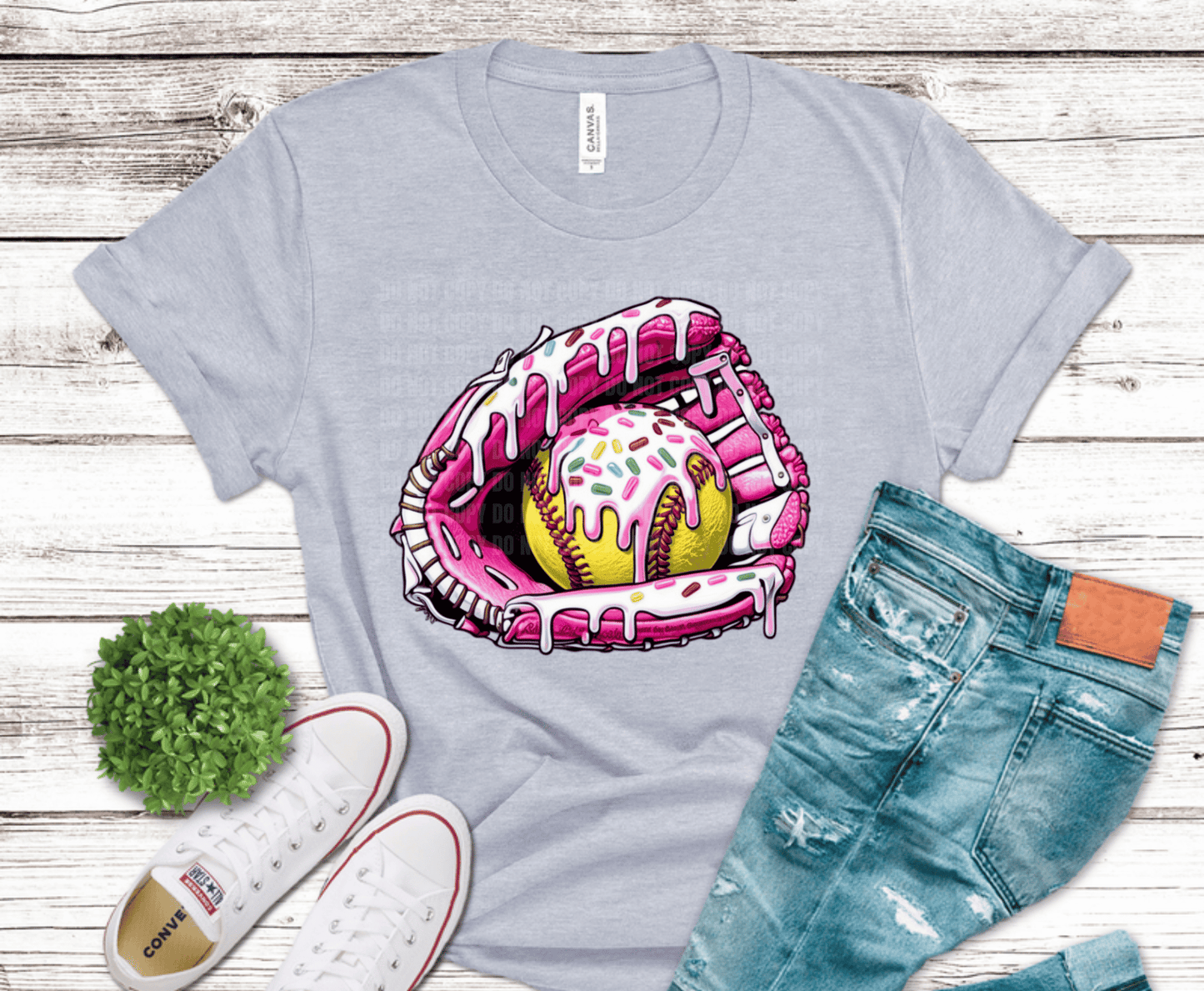 Dripping softball glove design perfect for fun sports apparel.