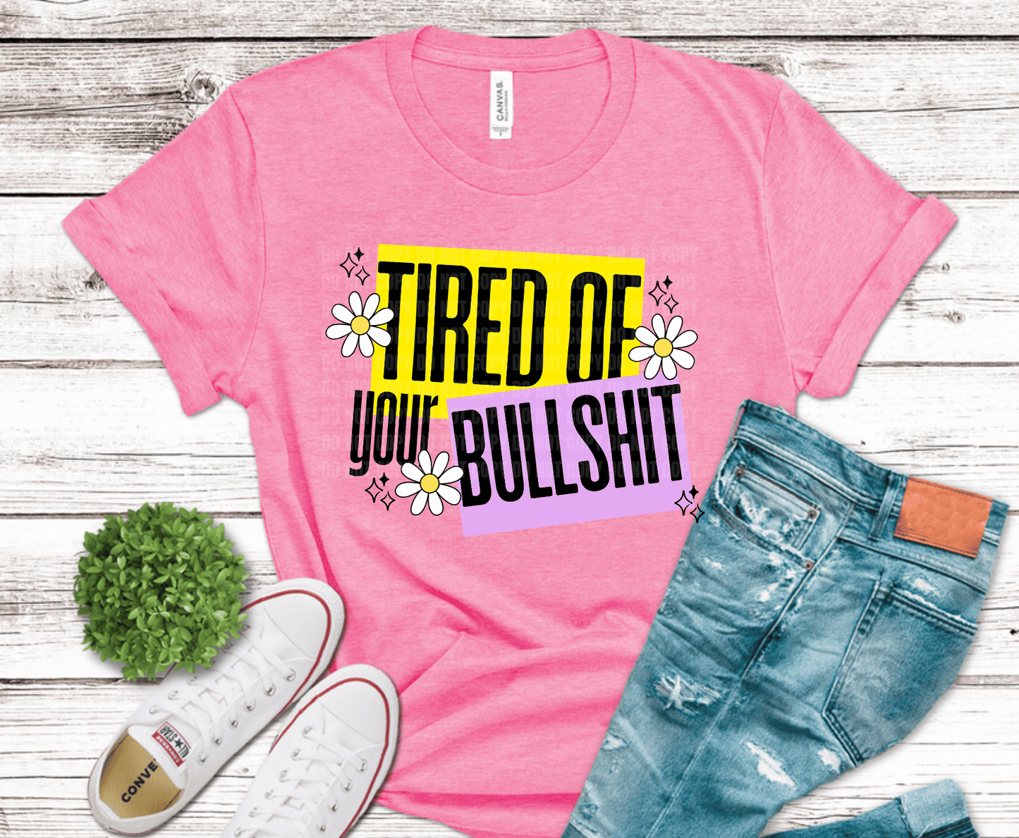 Tired of your bullshit sarcastic graphic design with bold colorful typography and daisy accents