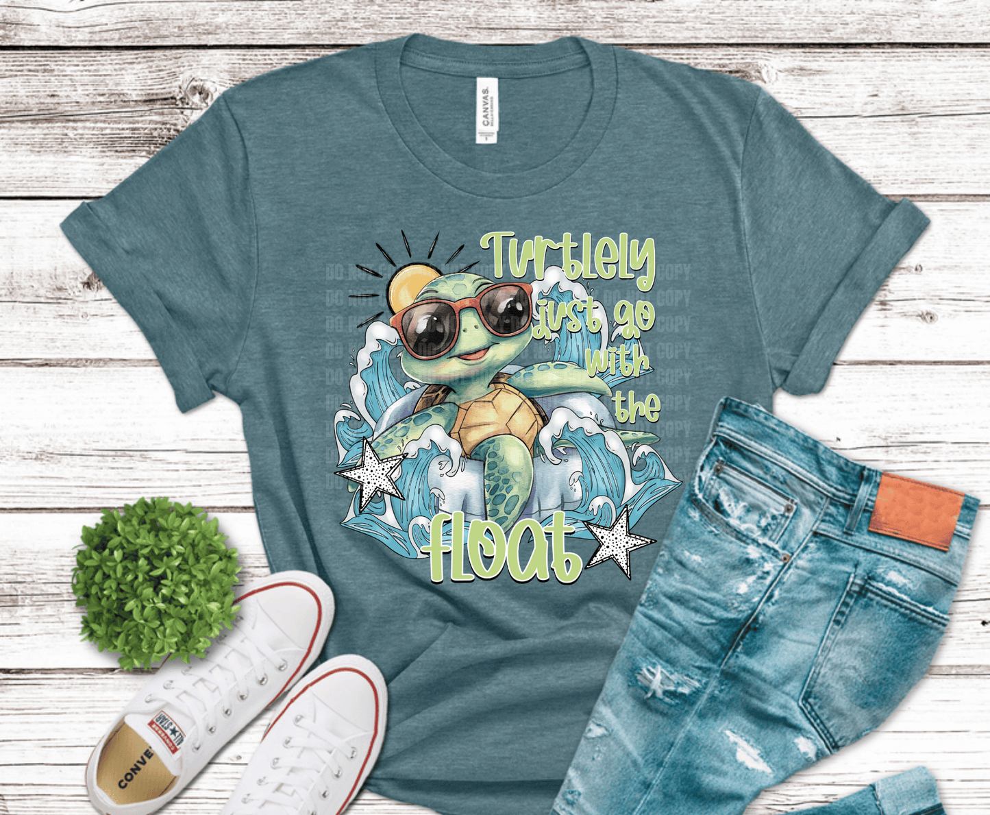 Cute turtle wearing sunglasses floating on ocean waves with tropical summer design and playful beach theme