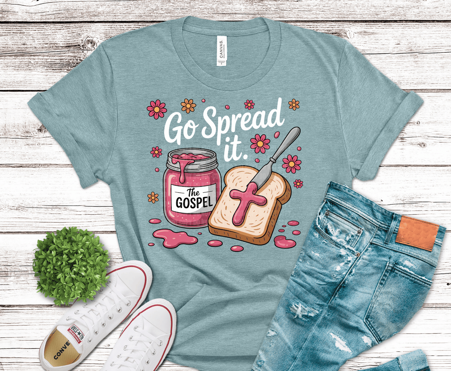 Go Spread It The Gospel pink jam toast with cross funny Christian DTF transfer, ready to press heat transfer for religious shirts