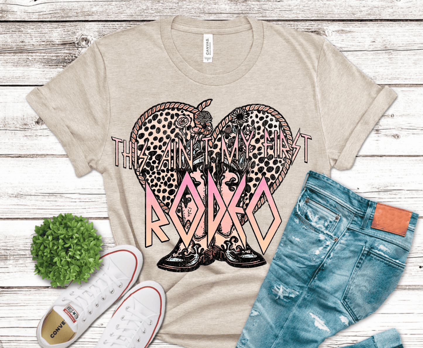 This Ain't My First Rodeo leopard heart with cowboy boots western DTF transfer, ready to press heat transfer for country shirts