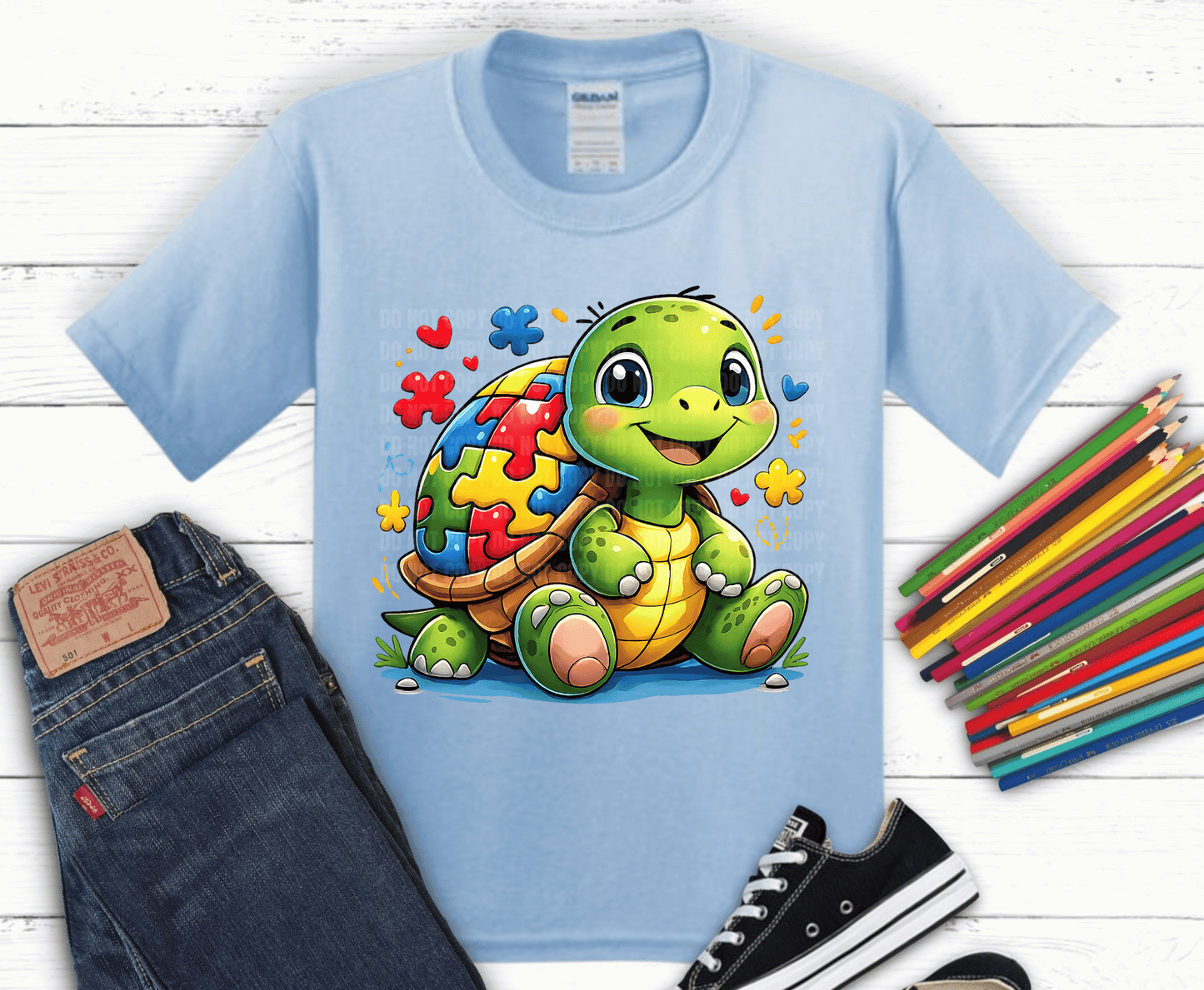 Autism awareness turtle with colorful puzzle shell and hearts DTF transfer, ready to press heat transfer for awareness shirts