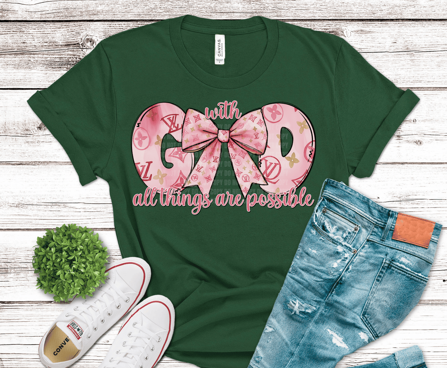 With God All Things Are Possible pink bow Christian DTF transfer, ready to press heat transfer for religious shirts