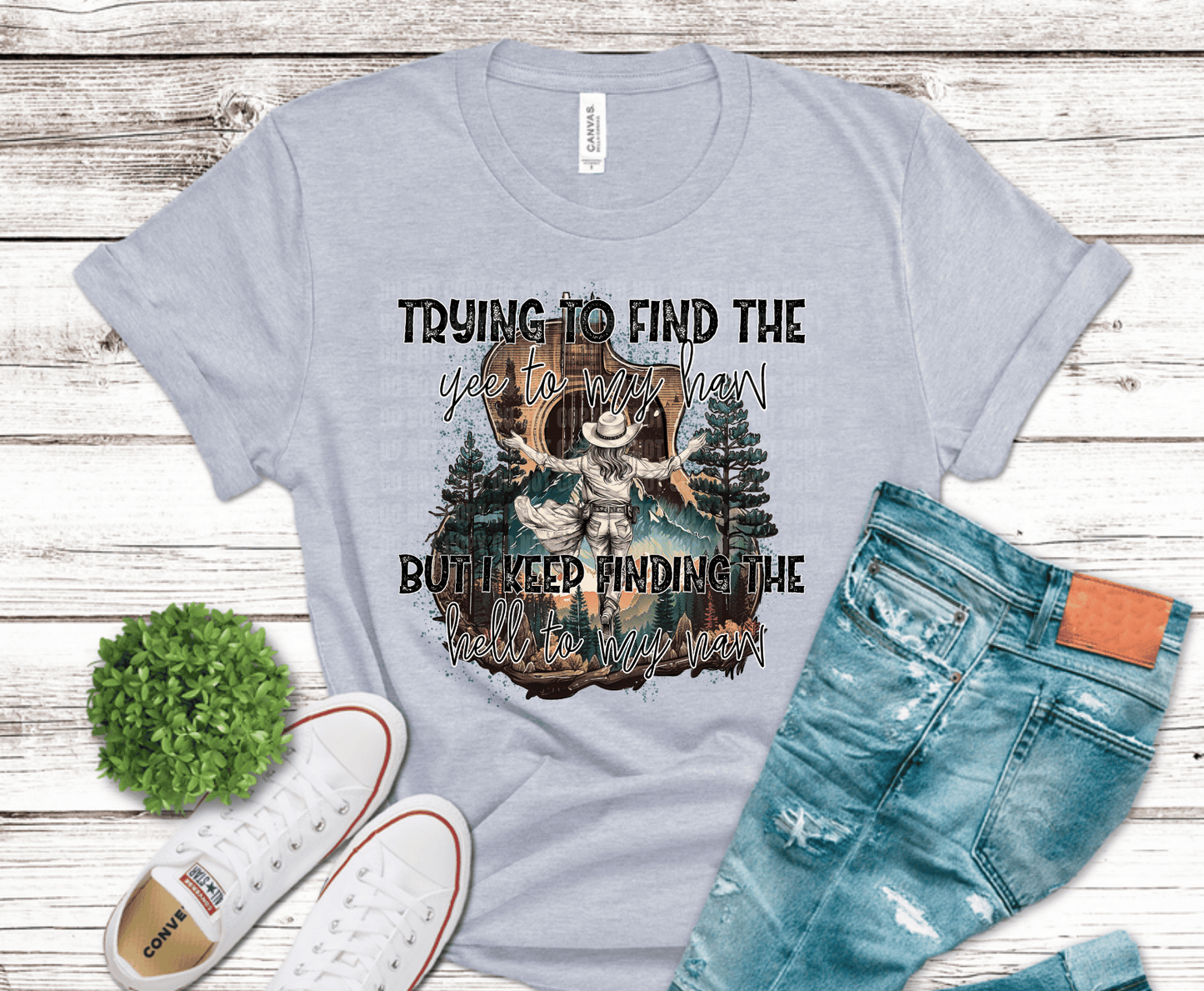 Yee to My Haw funny cowboy skeleton with mountain scenery DTF transfer, ready to press heat transfer for western shirts