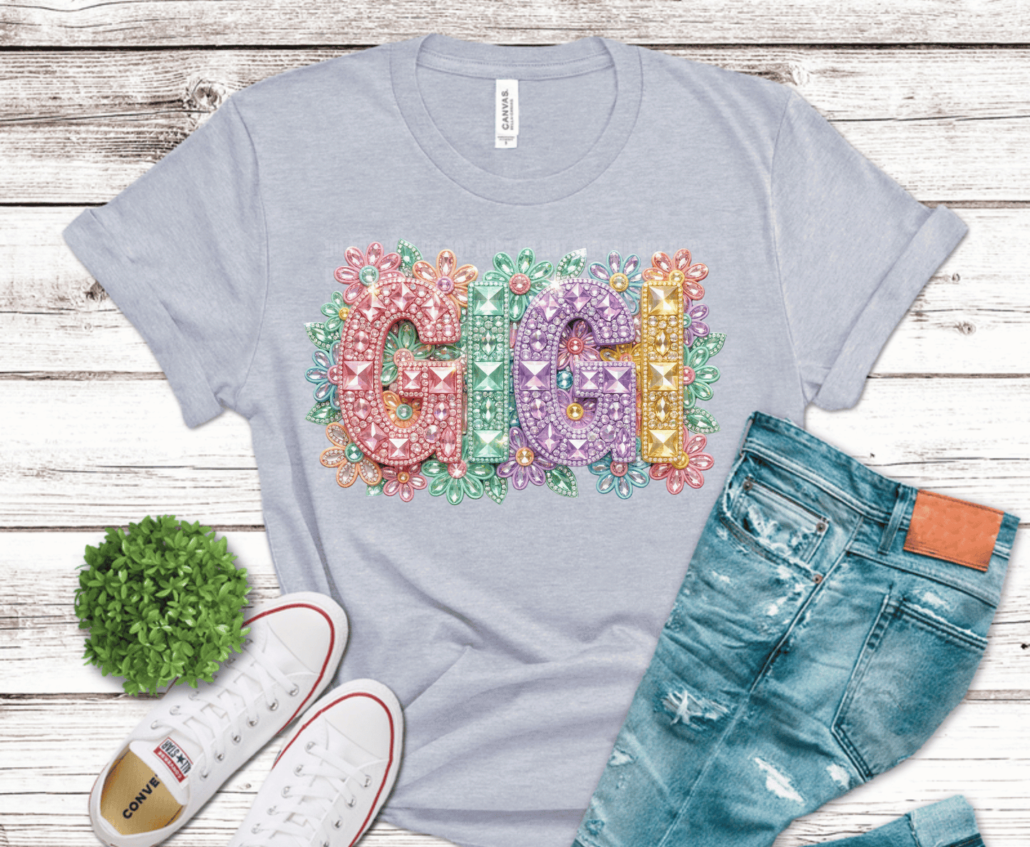 Gigi colorful floral lettering grandma DTF transfer, ready to press heat transfer for gigi shirts
