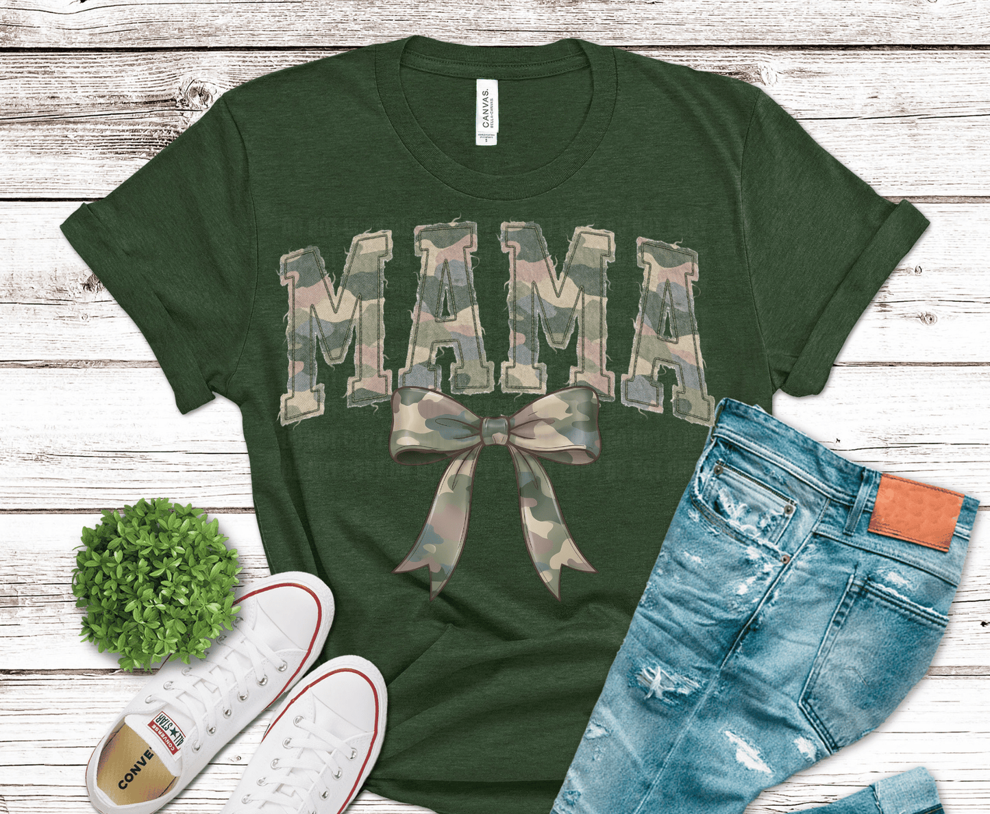 Camo MAMA with bow camouflage lettering DTF transfer, ready to press heat transfer for mom shirts