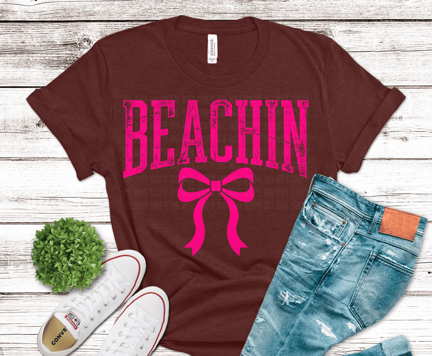 Beachin pink lettering with bow DTF transfer, ready to press heat transfer for summer shirts