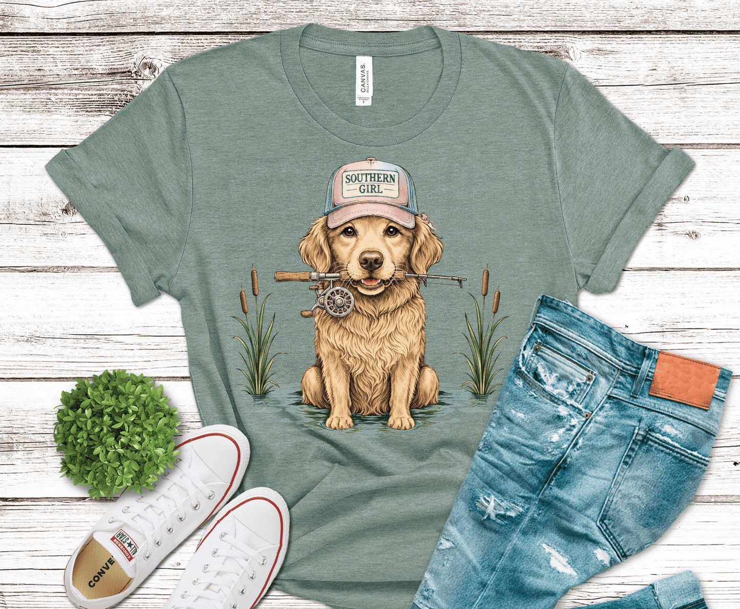Dog Fishing golden retriever with fishing hat and rod DTF transfer, ready to press heat transfer for fishing shirts