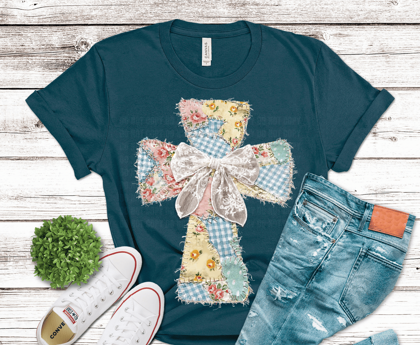 Floral Patchwork Cross with bow DTF transfer, ready to press heat transfer for faith shirts