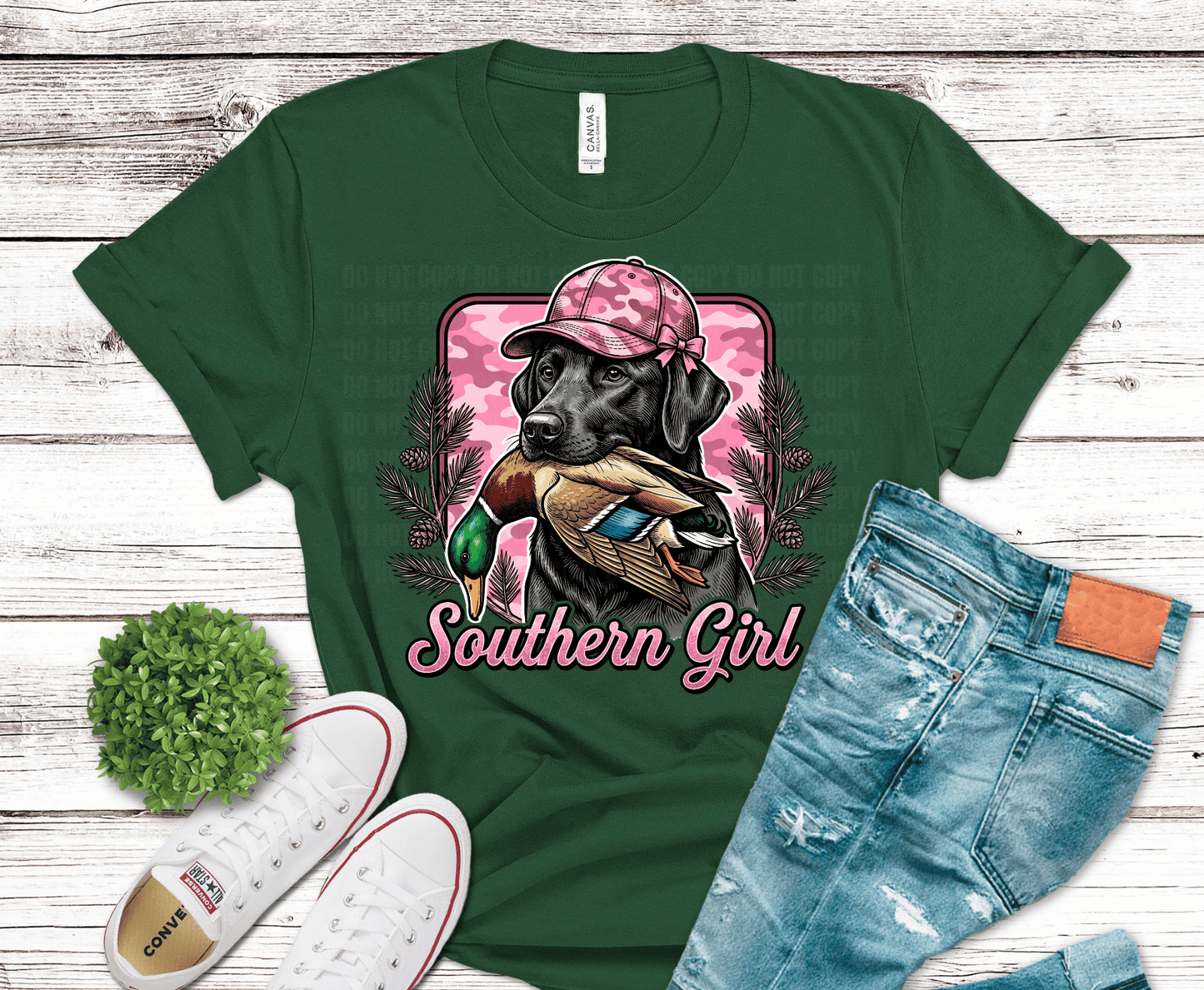 Southern Girl Hunting Dog black dog in pink camo with duck DTF transfer, ready to press heat transfer for hunting shirts