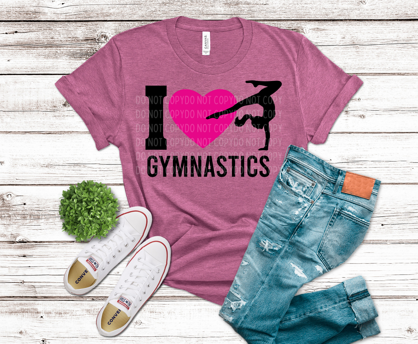 I Love Gymnastics with pink heart and silhouette DTF transfer, ready to press heat transfer for gymnastics shirts