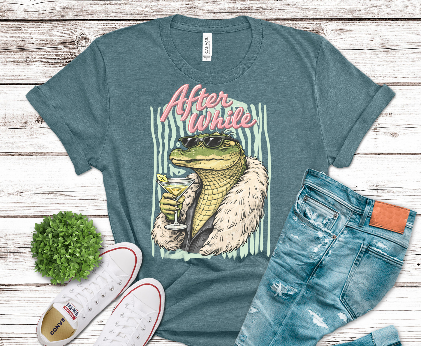 After A While Crocodile in fur coat with martini DTF transfer, ready to press heat transfer for humorous shirts