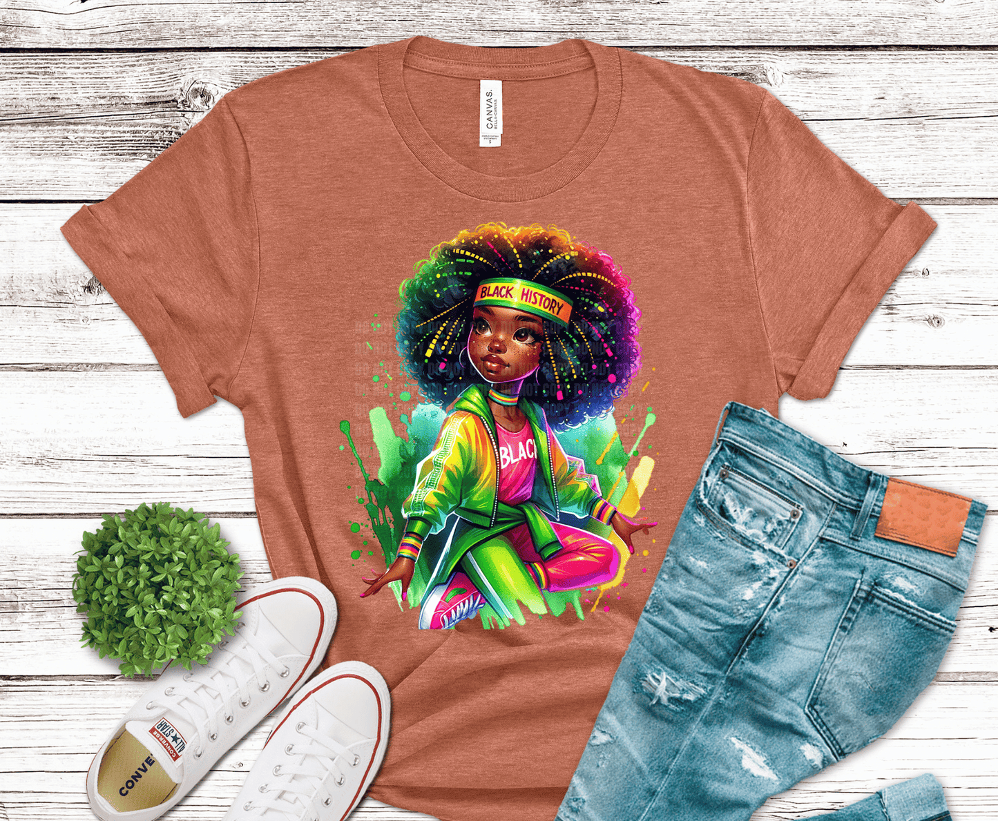 Afro Girl colorful empowering illustration DTF transfer, ready to press heat transfer for empowering shirts