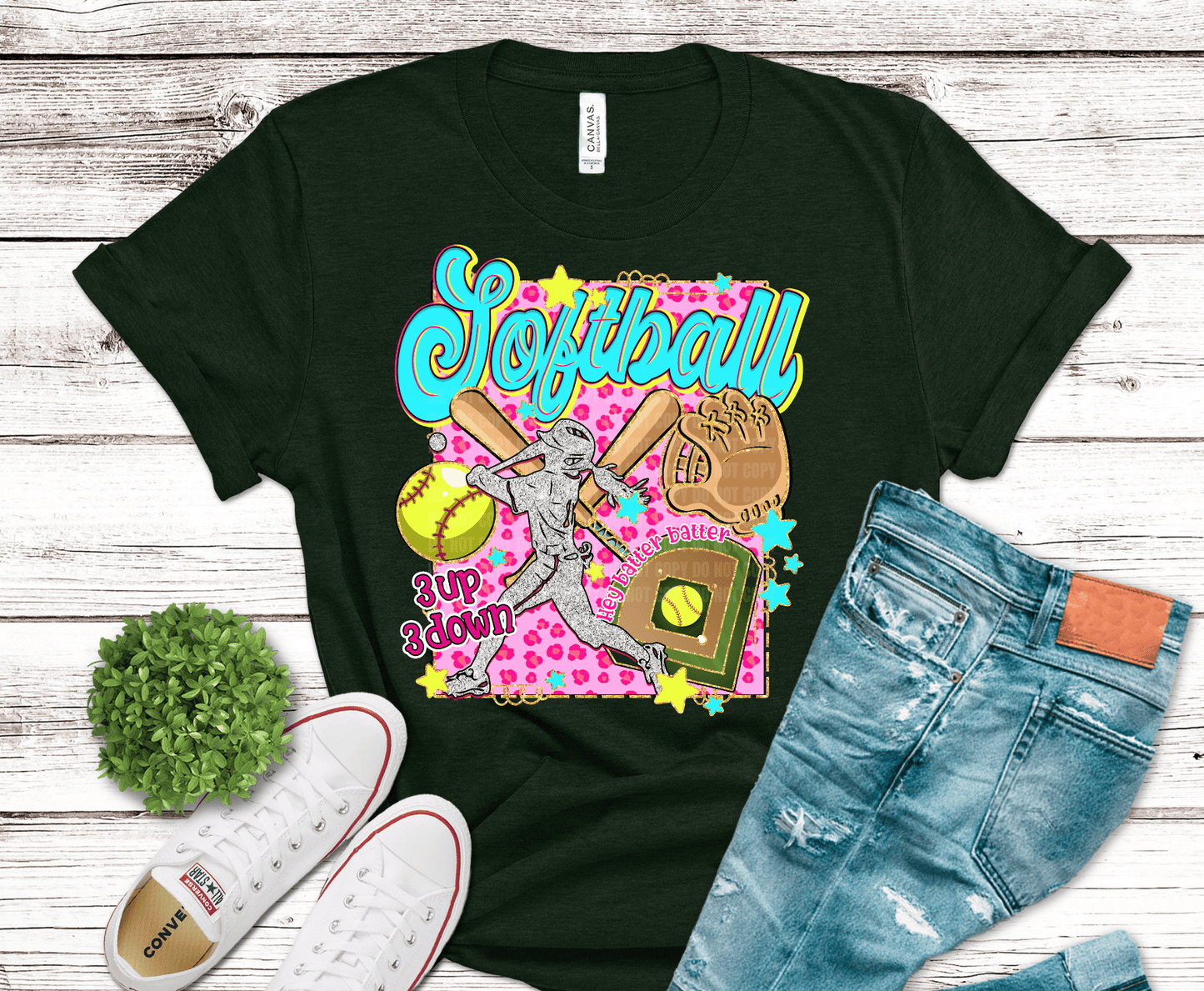 Retro Softball colorful lettering with bat and glove DTF transfer, ready to press heat transfer for softball shirts
