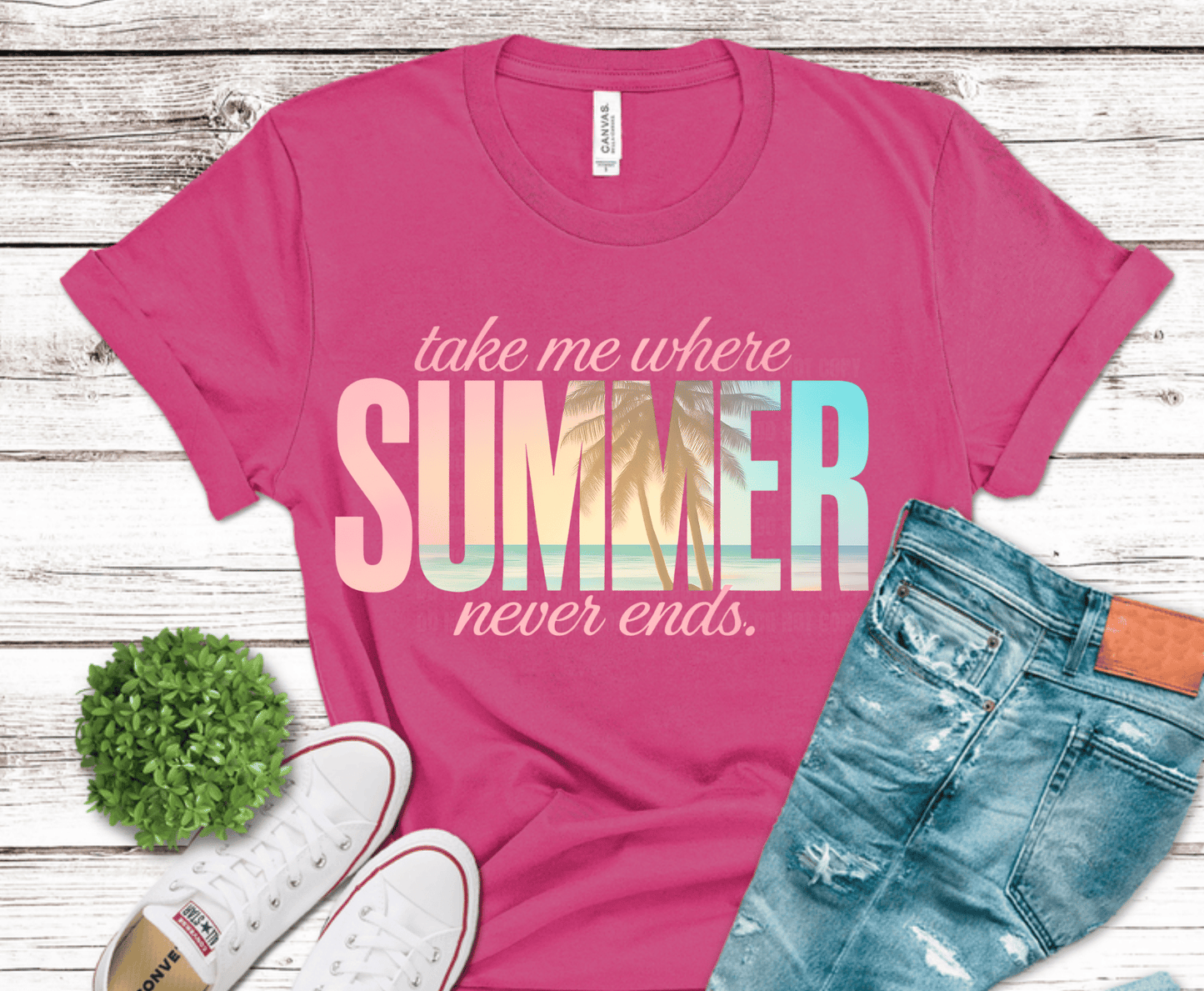 Take Me Where Summer Never Ends pastel lettering DTF transfer, ready to press heat transfer for summer shirts