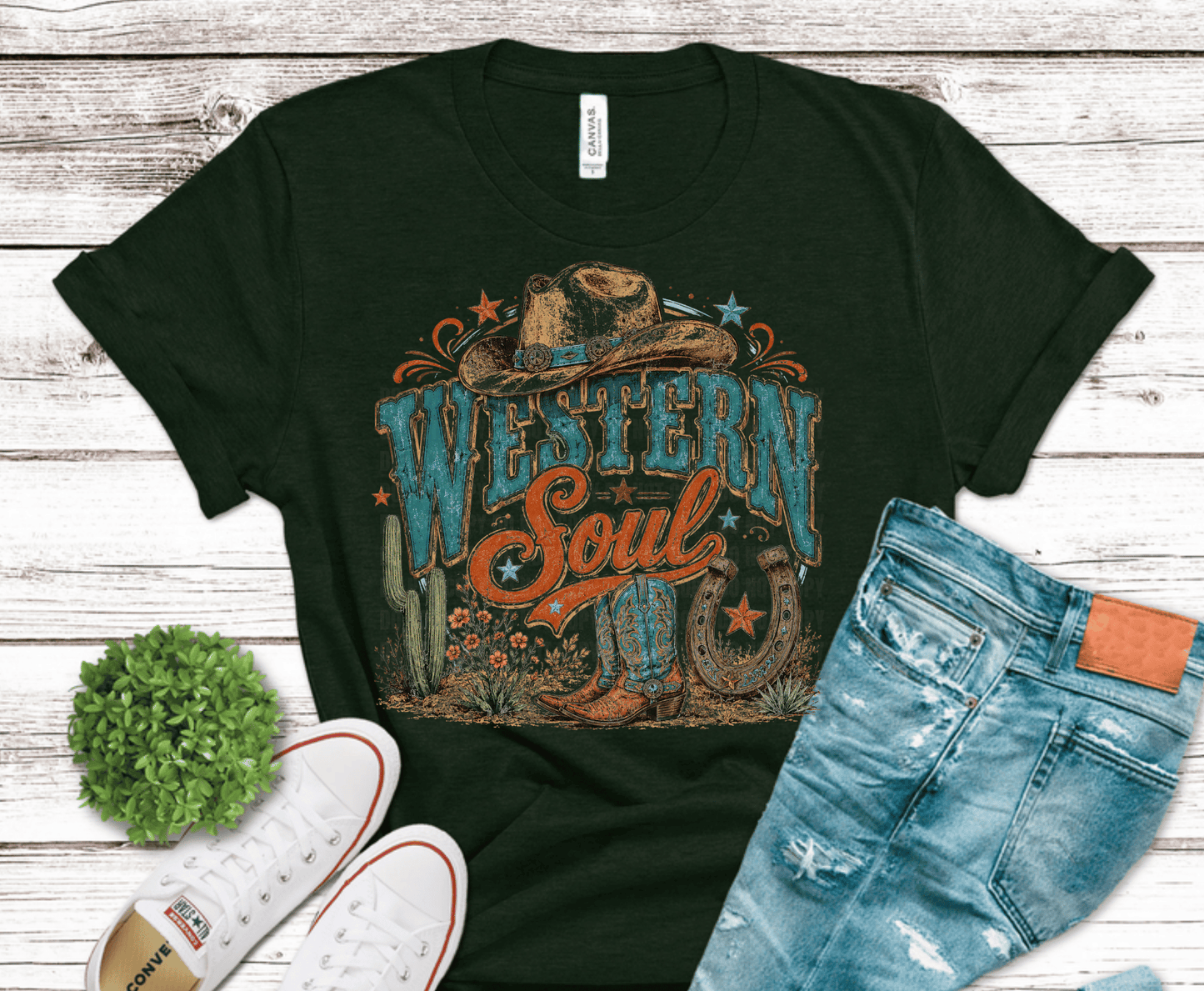 Western Soul Cowboy Hat Boots cactus DTF transfer, ready to press heat transfer for western shirts