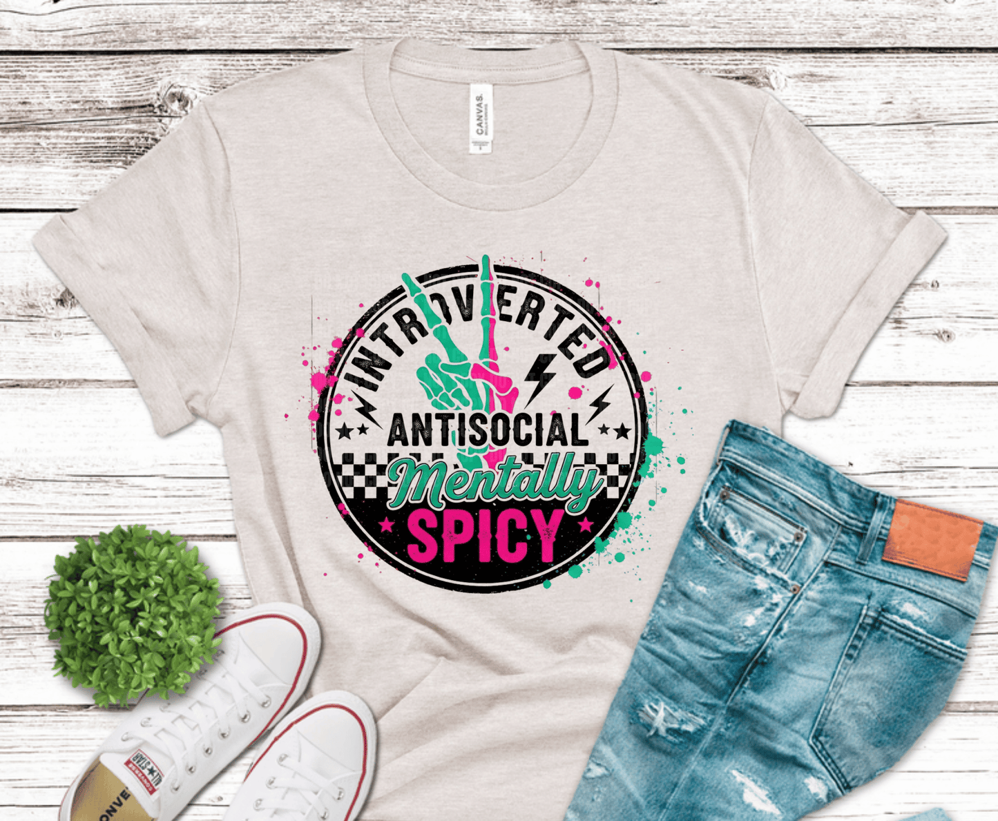 Introverted Antisocial Mentally Spicy checkered DTF transfer, ready to press heat transfer for sarcastic shirts