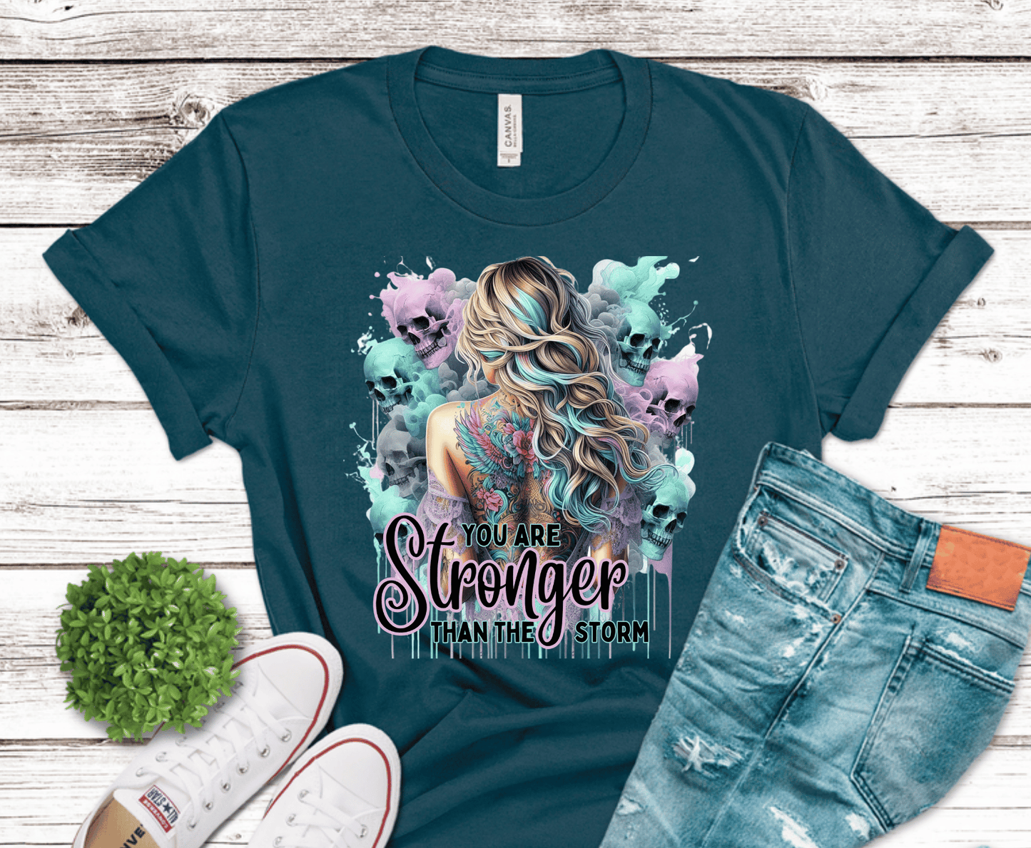 You Are Stronger Than The Storm woman hair skulls DTF transfer, ready to press heat transfer for motivational shirts